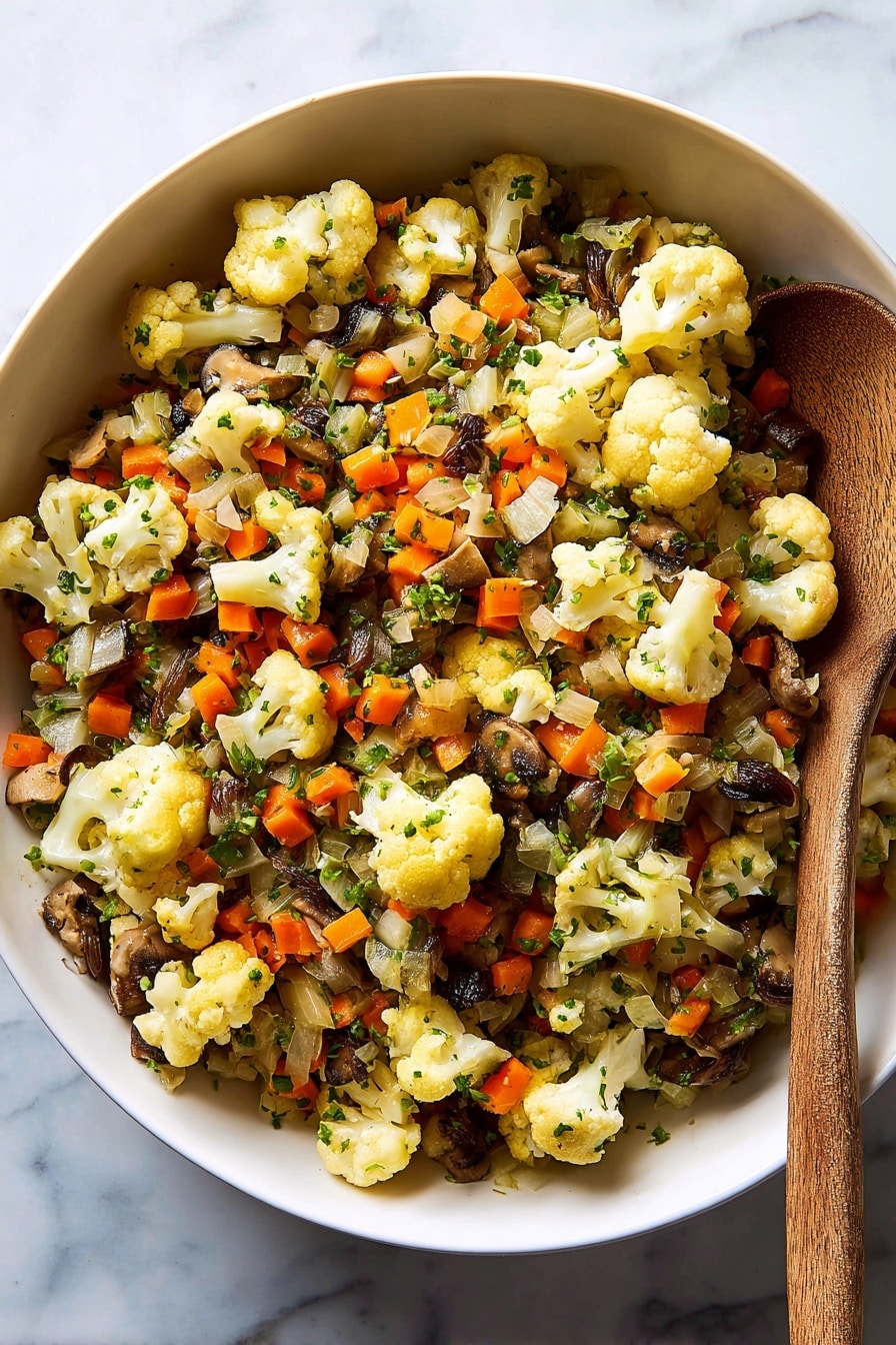 The image shows a close-up of a cooked vegetable dish with multiple layers of small cauliflower florets that are light creamy white with slight browning. Mixed among the cauliflower are small diced pieces of orange carrots, light green celery, and dark brown mushrooms, creating a colorful contrast. The vegetables are lightly coated with herbs and small green flecks of parsley, adding texture and freshness. The dish appears to be served in a white bowl on a white marbled surface. Photo taken with an iphone --ar 2:3 --v 7 - Cauliflower Stuffing, healthy cauliflower stuffing, veggie stuffing recipe, low-carb stuffing ideas, vegan stuffing alternatives