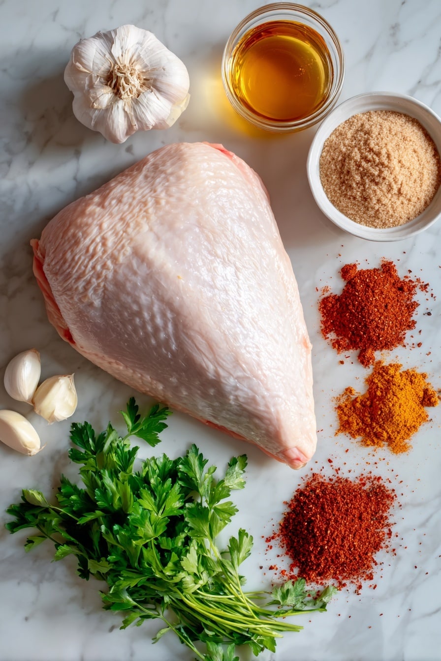 Flat lay of a large bone-in, skin-on turkey breast with its smooth pale pink skin and light marbling, surrounded by a small pile of light brown packed brown sugar, vibrant red chili powder and earthy deep red smoked paprika powders arranged in small neat mounds, a scattering of fresh bright green chopped parsley leaves adding a pop of color, golden amber honey glistening in a small drizzle, and whole garlic cloves with their papery white skins intact, all placed on white marbled surface, photo taken with an iphone --ar 2:3 --v 7 - Crock-Pot Turkey Breast with Honey and Spiced Rub, slow cooker turkey breast, honey spiced turkey, easy holiday turkey recipe, juicy turkey breast in slow cooker