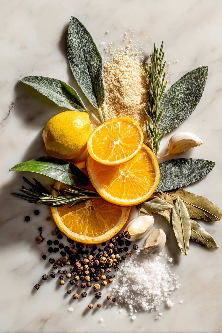 Flat lay of bright orange and yellow citrus rounds of orange and lemon, rough-textured smashed garlic cloves with their papery skins, deep green sprigs of fresh rosemary and sage with delicate needle-like and soft leaves, dried bay leaves in muted olive tones, glossy black peppercorns, smooth light brown sugar crystals in a small natural pile, coarse kosher salt crystals shimmering softly, arranged naturally with overlapping and scatter patterns to highlight their fresh textures and colors, placed on white marbled surface, photo taken with an iphone --ar 2:3 --v 7 - Turkey Brine, juicy turkey brine, flavorful turkey marinade, turkey brining tips, homemade turkey marinade