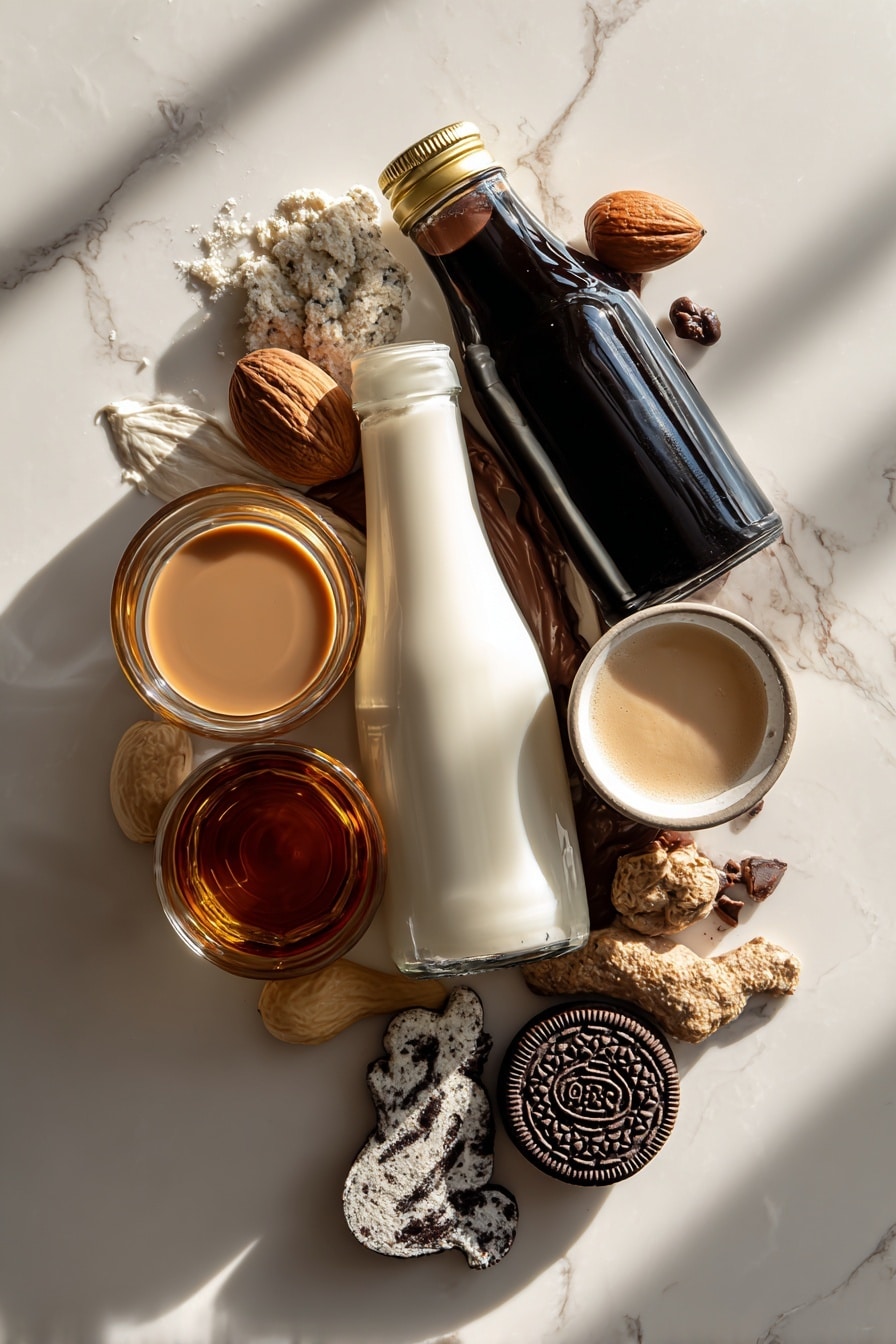 Flat lay of glossy dark chocolate syrup drizzled in swirling patterns, rich golden-brown bourbon in a small glass, creamy off-white Baileys Irish cream in a pouring stream, glossy black Kahlúa bottle with deep coffee color, smooth pale milk poured gently, irregular chunks of clear ice reflecting light, fresh whole nutmeg with warm brown ridges, and a decorative Oreo cookie shaped like a turkey with contrasting black and white textures, all arranged naturally with slight overlaps and soft shadows, placed on white marbled surface, photo taken with an iphone --ar 2:3 --v 7 - Turkeytini chocolate bourbon Baileys cocktail nutmeg festive drink holiday gathering, indulgent chocolate bourbon Baileys martini, easy holiday cocktail recipes, festive chocolate cocktail, creamy Christmas drinks
