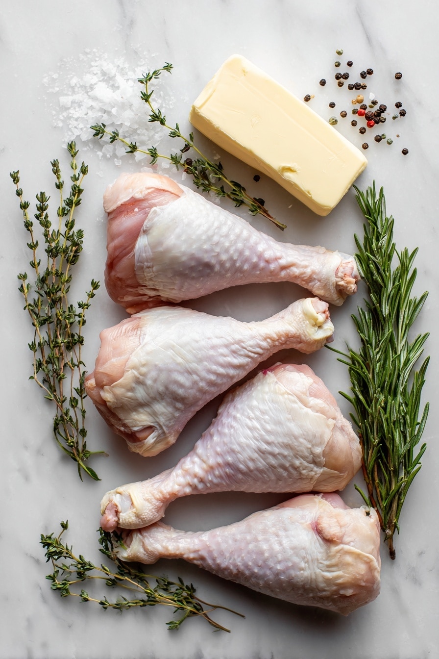 Flat lay of four raw turkey drumsticks with smooth pale pink skin and bone ends visible, a thick stick of creamy unsalted butter with a soft texture, fresh bright green rosemary sprigs with needle-like leaves, fresh thyme stems showcasing tiny oval leaves, coarse kosher salt crystals scattered naturally, and some cracked black peppercorns adding contrast, all beautifully arranged with a balanced mix of color and texture, placed on white marbled surface, photo taken with an iphone --ar 2:3 --v 7 - Roasted Herb-Seasoned Turkey Leg, savory turkey leg recipes, juicy roasted turkey, herb-infused turkey leg, crispy skin turkey thigh