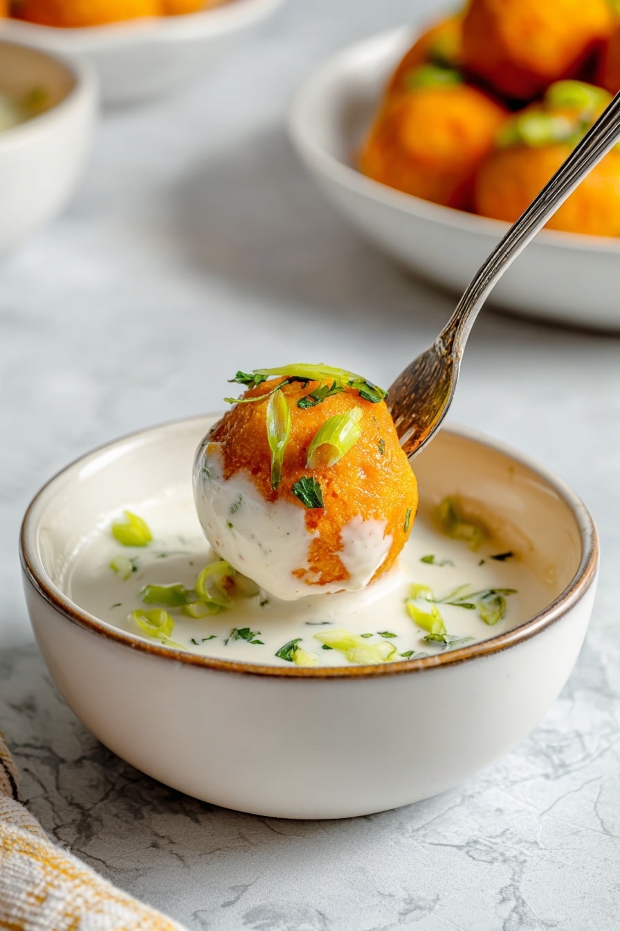 A white bowl filled with orange-colored meatballs covered with a white creamy sauce drizzled on top in thin lines. The meatballs have some green herbs mixed inside and are scattered with small pieces of green onion and parsley leaves. Some crumbled white cheese is sprinkled on the meatballs, and wooden toothpicks stand upright on a few of them. The background is a white marbled texture with a white bowl of carrot and celery sticks in the blurred background, along with another bowl of white sauce visible. Photo taken with an iphone --ar 2:3 --v 7 - Buffalo Chicken Meatballs with Bleu Cheese Yogurt Dip, spicy buffalo chicken meatballs, chicken appetizer recipes, game day snacks, easy party appetizers