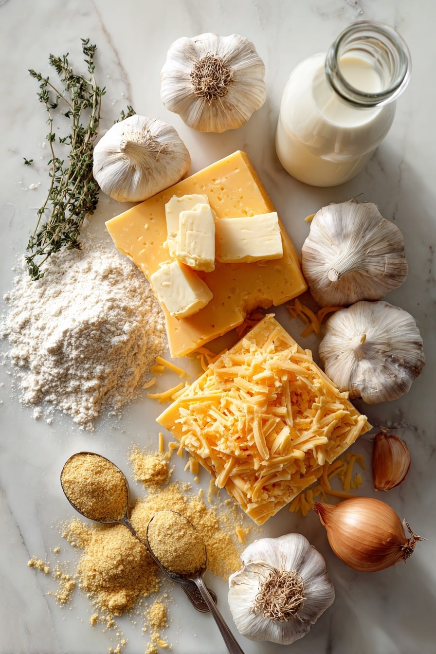 Flat lay of fresh sharp orange cheddar cheese blocks and finely grated cheddar piles, cold unsalted butter cubes with a creamy pale yellow color, whole milk in a clear glass bottle showing its smooth white texture, bright green dried parsley sprigs scattered delicately, garlic bulbs with creamy white papery skins and some peeled cloves, light brown onion bulbs with papery layers, a small heap of white all-purpose flour dusted softly, and golden baking powder spoonfuls, all beautifully arranged with natural spacing and gentle shadows, placed on white marbled surface, photo taken with an iphone --ar 2:3 --v 7 - Red Lobster Cheddar Bay Biscuits, Cheddar Bay Biscuits recipe, homemade Cheddar Bay biscuits, cheesy garlic biscuits, flaky buttery biscuits
