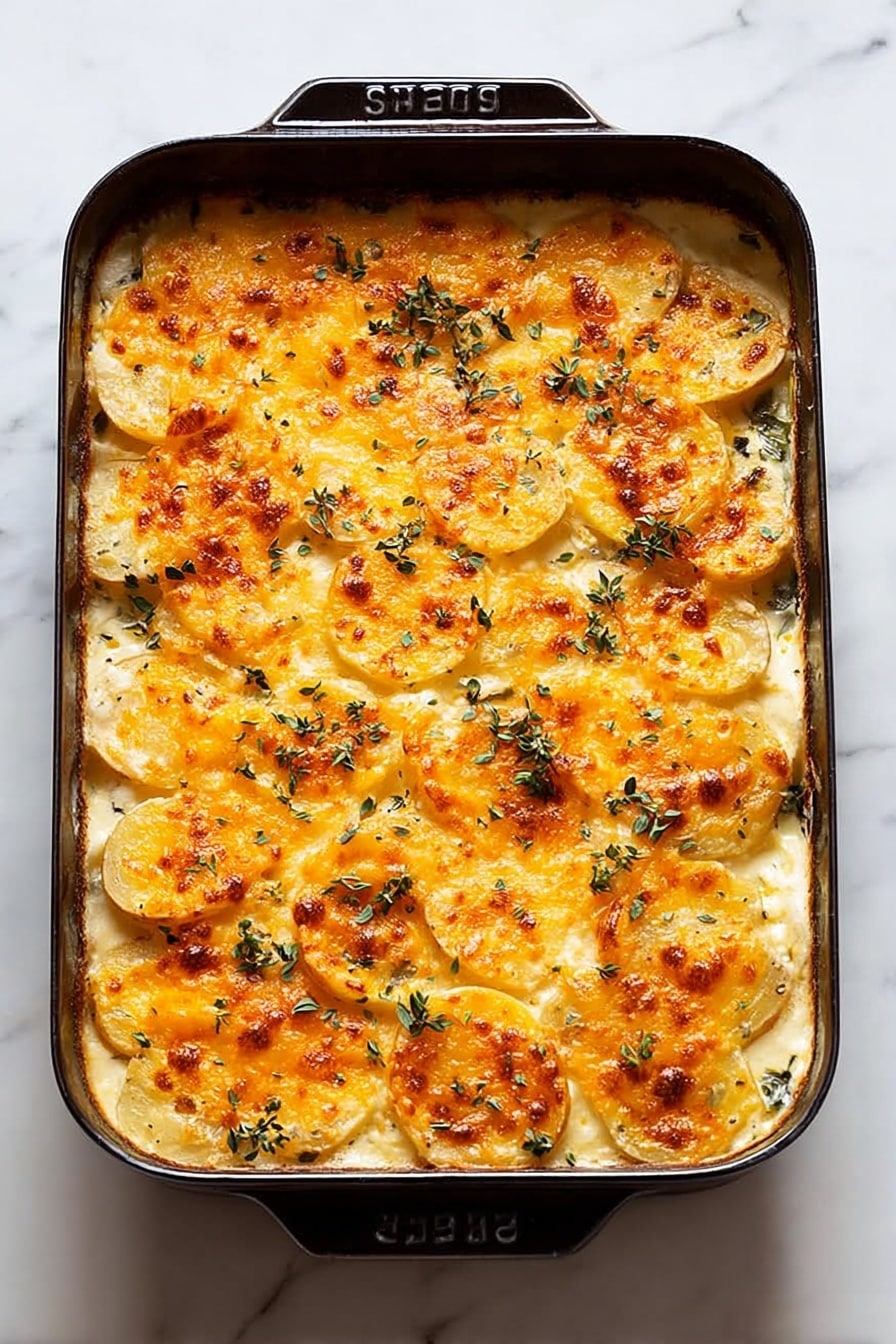 A rectangular black baking dish filled with a hot potato gratin, showing multiple layers of thin round potato slices covered in melted cheese. The top layer is bright orange with golden brown spots and has fresh green herb leaves scattered on it. The potato slices beneath look creamy and soft, peeking through the cheese in some areas. The dish sits on a white marbled surface. Photo taken with an iphone --ar 2:3 --v 7 - Scalloped Potatoes, creamy scalloped potatoes, cheesy scalloped potatoes, easy scalloped potato recipe, comforting potato side dish