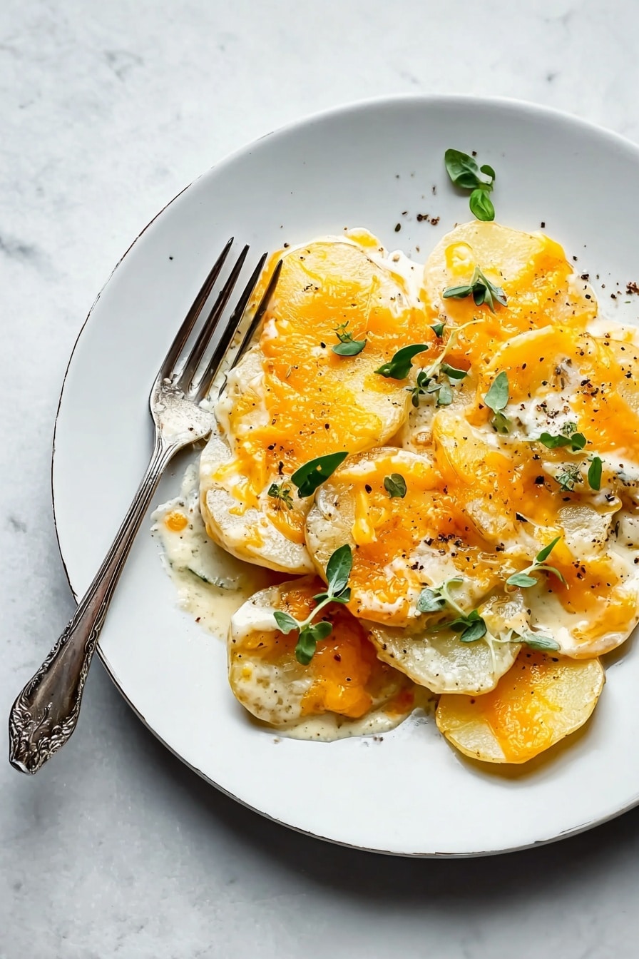 The image shows a close-up of a baking dish filled with a layered potato dish. The bottom visible layer is made of thin, round slices of creamy white potatoes covered in a light, smooth cream sauce with some herbs mixed in. Above this is a thick layer of melted golden-yellow cheese with some browned spots, giving a slightly crispy texture. Small green herb leaves are scattered across the top. A silver spoon is scooping some of the layers, showing the potato slices beneath the cheese clearly. The dish is set on a white marbled surface. photo taken with an iphone --ar 2:3 --v 7 - Scalloped Potatoes, creamy scalloped potatoes, cheesy scalloped potatoes, easy scalloped potato recipe, comforting potato side dish