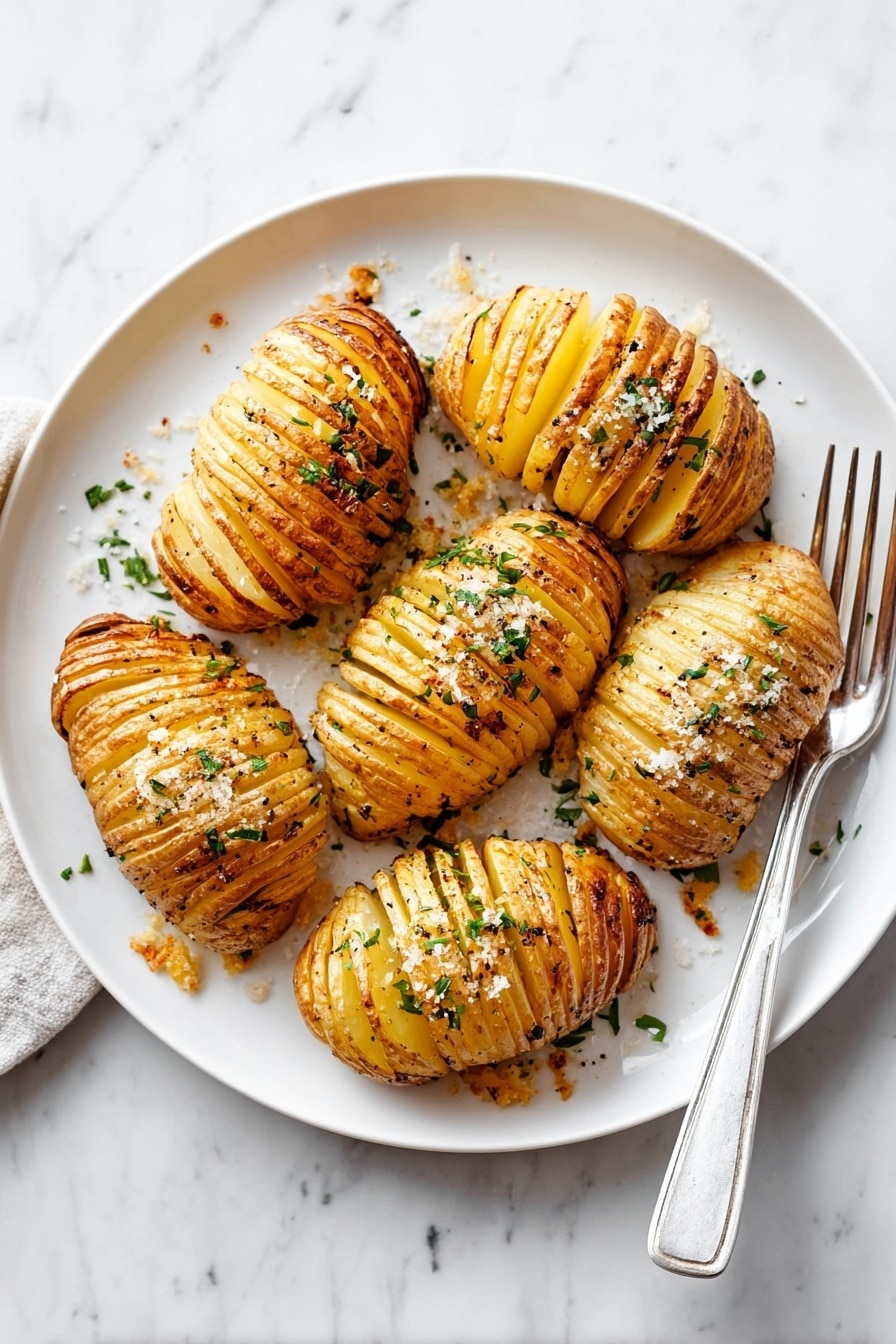 The image shows five Hasselback potatoes arranged on a white plate over a white marbled surface. Each potato is sliced into many thin, evenly spaced layers from top to bottom, creating a fan-like texture. The potato layers are golden brown and crispy on the edges with a soft pale yellow inside. Small pieces of grated cheese or breadcrumbs are sprinkled on top, melting slightly over the cuts. Fresh green rosemary leaves and chopped herbs are scattered around and on top of the potatoes, adding a pop of color. Shiny spots of olive oil or butter give a glossy finish to the surface of the potatoes. photo taken with an iphone --ar 2:3 --v 7 - Hasselback Potatoes with Herb Butter and Parmesan, Hasselback Potatoes, Herb Butter Potatoes, Parmesan Roasted Potatoes, Easy Side Dishes