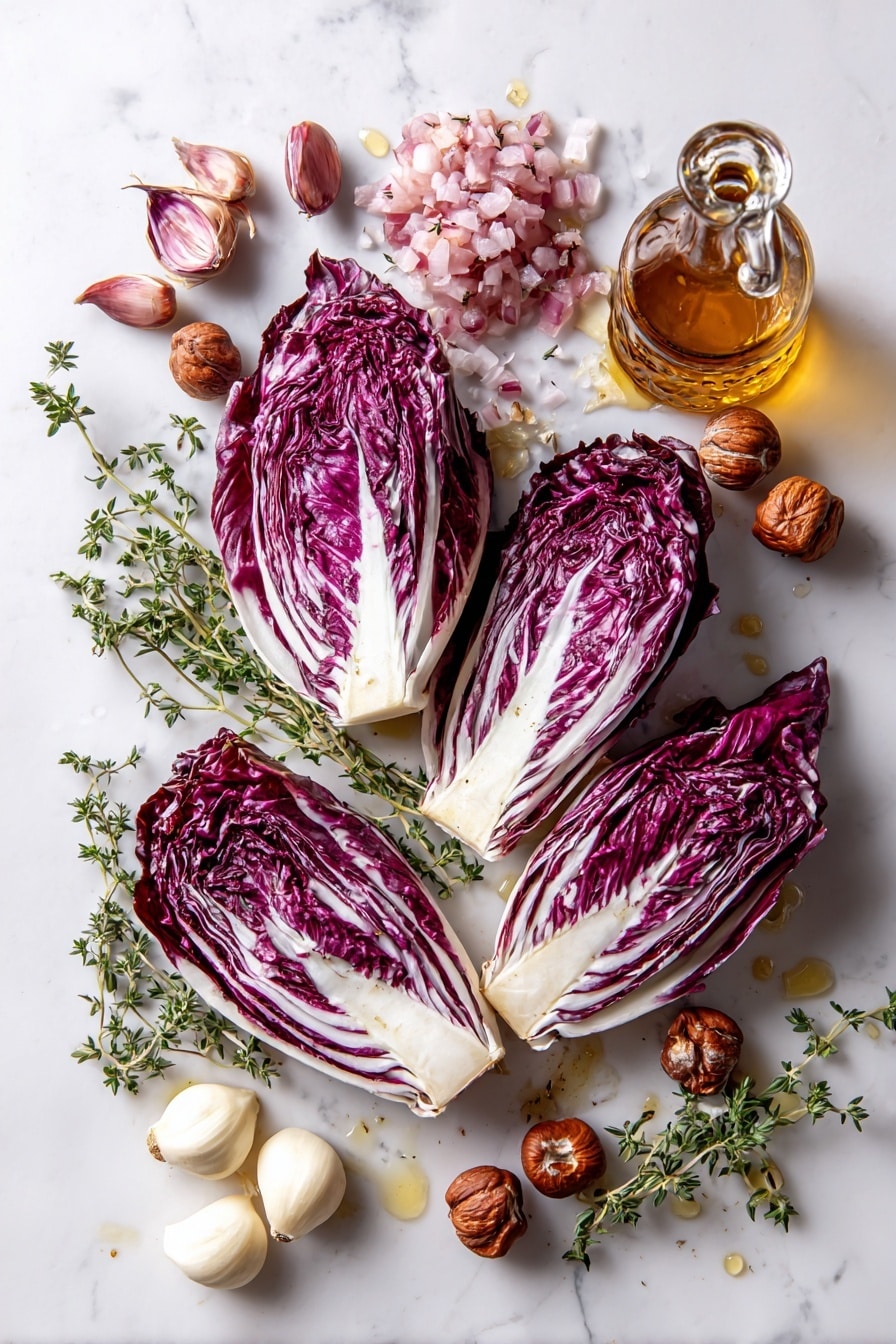 Flat lay of vibrant deep purple radicchio wedges with crisp white veins, a small pile of finely chopped pale pink shallots, fresh green thyme sprigs scattered elegantly, glossy golden honey drizzles, creamy white dollops of smooth crème fraîche, rich brown toasted hazelnuts with rough textures, and a small glass bottle of amber sherry vinegar, all beautifully arranged with natural spacing and slight overlaps to create depth, placed on white marbled surface, photo taken with an iphone --ar 2:3 --v 7 - Radicchio Salad with Crème Fraîche Vinaigrette, grilled radicchio salad, bitter greens salad, creamy vinaigrette salad, healthy radicchio recipes