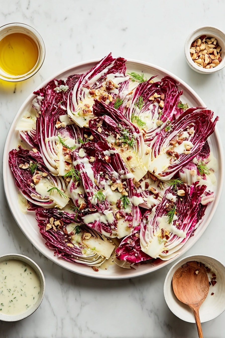 The dish shows many pieces of red and white radicchio leaves arranged on a large white plate, each piece with a slightly charred look and a crispy texture. On top, a light creamy sauce is drizzled unevenly, pooling lightly in areas between the layers. Scattered over the salad are small green herb leaves and roughly chopped hazelnuts that add crunch. Surrounding the plate are small white bowls containing a thick white sauce with herbs and a golden liquid with a wooden spoon. The whole scene is set on a white marbled surface, giving a clean and fresh look. photo taken with an iphone --ar 2:3 --v 7 - Radicchio Salad with Crème Fraîche Vinaigrette, grilled radicchio salad, bitter greens salad, creamy vinaigrette salad, healthy radicchio recipes
