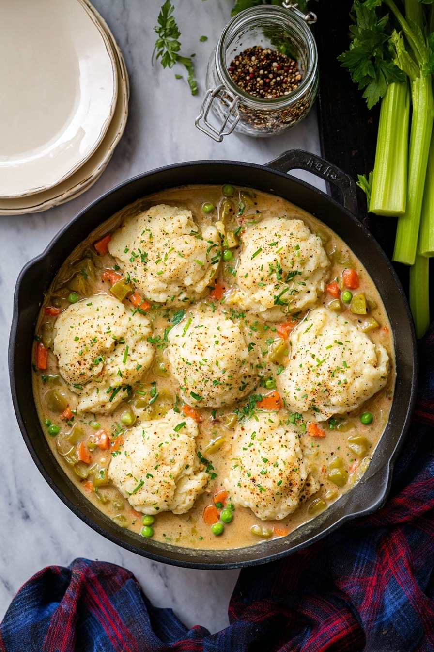 A dark pan filled with stew shows several large, light yellow dumplings sitting on top. The dumplings have a soft, slightly rough texture and are sprinkled with small green herbs. Below them, shredded meat strands and small bits of orange and green vegetables peek through the thick broth. A spoon is lifting one dumpling, revealing the tender meat and vegetables underneath. The background is slightly blurred, making the dish the clear focus. Photo taken with an iphone --ar 2:3 --v 7 - Leftover Turkey and Dumplings, easy leftover turkey recipes, comforting turkey stew, homemade dumpling recipes, cozy winter dinners