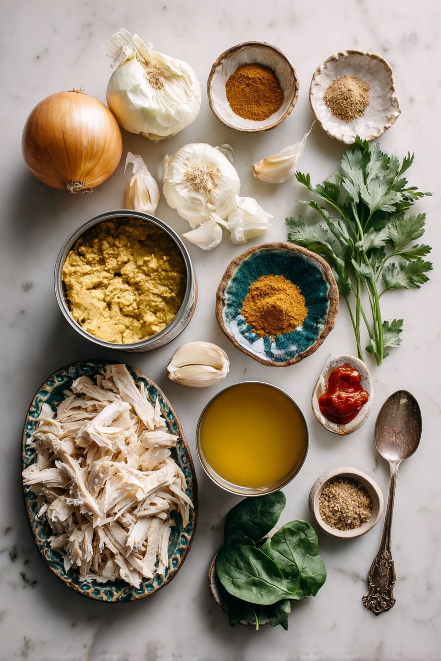 Flat lay of a large chopped onion, a few garlic cloves, a small piece of fresh ginger, two tablespoons of curry powder in a small bowl, a teaspoon each of garam masala, ground coriander, and ground cinnamon in tiny dishes, a dollop of tomato paste on a spoon, a small bowl of chicken stock, a can of coconut milk opened with some poured out, shredded turkey pieces spread out, a handful of fresh baby spinach leaves, and a small bunch of fresh coriander placed on a white marble surface, photo taken with an iphone --ar 2:3 --v 7 - Creamy Leftover Turkey Curry, leftover turkey recipes, coconut milk curry, easy turkey curry, comforting leftover turkey dish