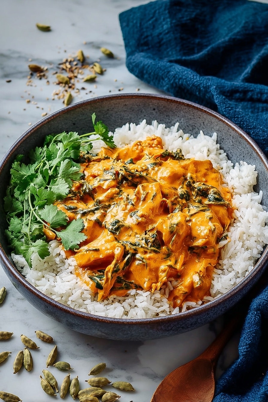 A round white plate holds a layer of white cooked rice that covers the base in a thick, even circle. On top, there is a thick layer of creamy orange curry that includes chunks of light brown mushrooms and bright green spinach leaves mixed throughout. The curry layer sits in the middle of the rice, not spread to the edges. A silver fork and spoon rest side by side on the right edge of the plate, partly on the rice. The plate sits on a dark surface with a white marbled texture, surrounded by a blue cloth to the left, green cilantro leaves at the top, and scattered small brown cardamom pods at the bottom edge. photo taken with an iphone --ar 2:3 --v 7 - Creamy Leftover Turkey Curry, leftover turkey recipes, coconut milk curry, easy turkey curry, comforting leftover turkey dish