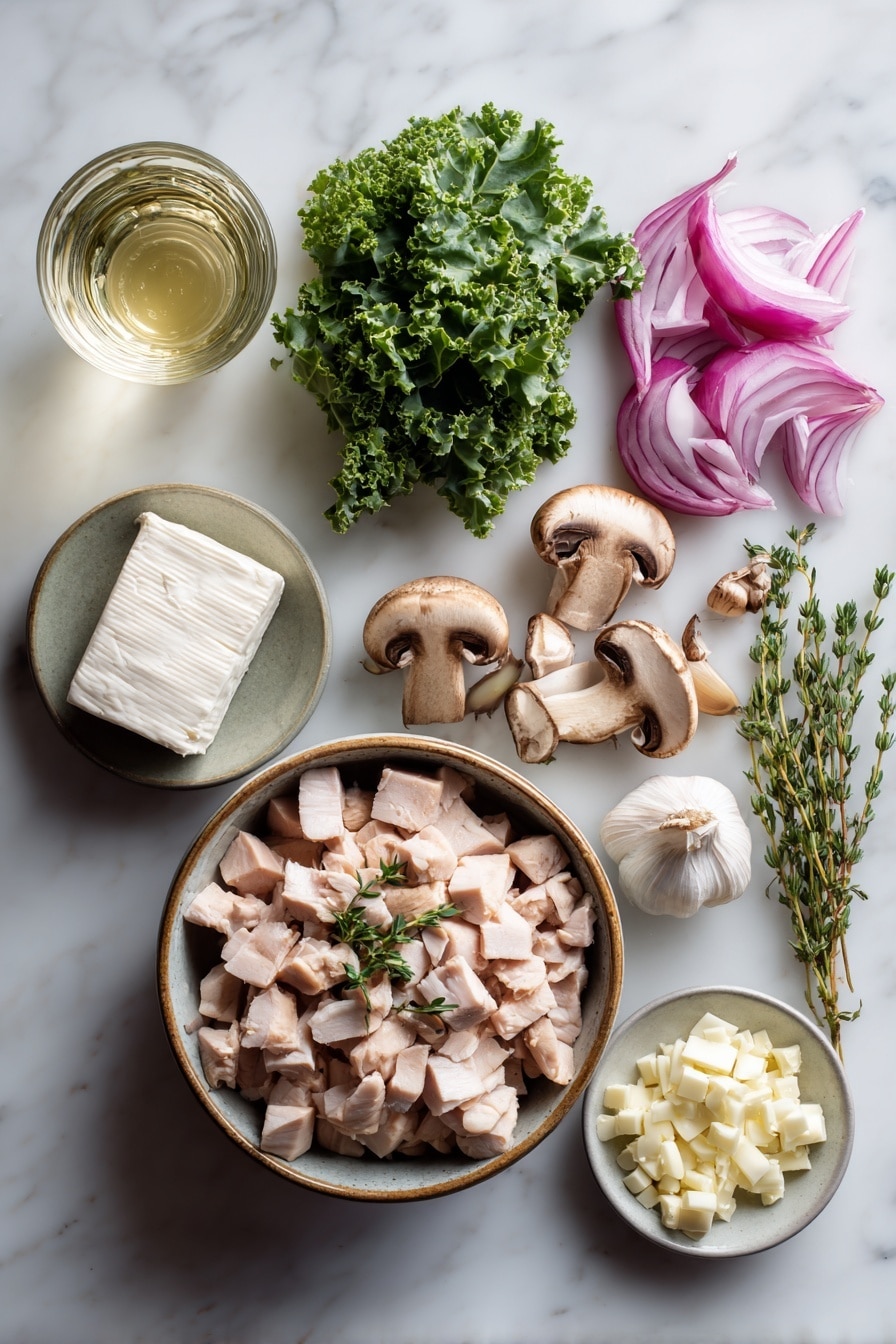 Flat lay of a small bowl of cubed turkey leftovers, a handful of baby kale leaves, a few sliced baby bella mushrooms, one diced red onion, some chopped celery, a soft round of cream cheese at room temperature, six thinly sliced garlic cloves, a small pat of butter, a sprig of fresh thyme, and a small glass of white wine, all placed on a white marble surface, photo taken with an iphone --ar 2:3 --v 7 - Creamy Mushroom Kale Turkey Soup, hearty turkey soup, healthy mushroom soup, quick vegetable soup, comforting kale soup