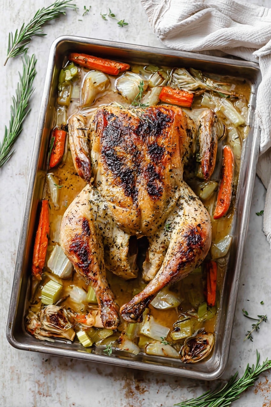 A white tray holds several pieces of roasted chicken with a crispy, browned skin seasoned with herbs. In the center, two sliced pieces of white chicken meat show the tender inside underneath the golden-brown skin. Around the chicken are roasted onion slices and halved cooked carrots, with sprigs of fresh green rosemary scattered on top and around. In the top left corner, a small white bowl filled with light brown sauce sits on the tray. The white marbled surface underneath adds a clean, bright background to the hearty food. photo taken with an iphone --ar 2:3 --v 7 - Spatchcock Turkey, how to spatchcock turkey, perfect roasted turkey, easy turkey recipe, juicy crispy turkey