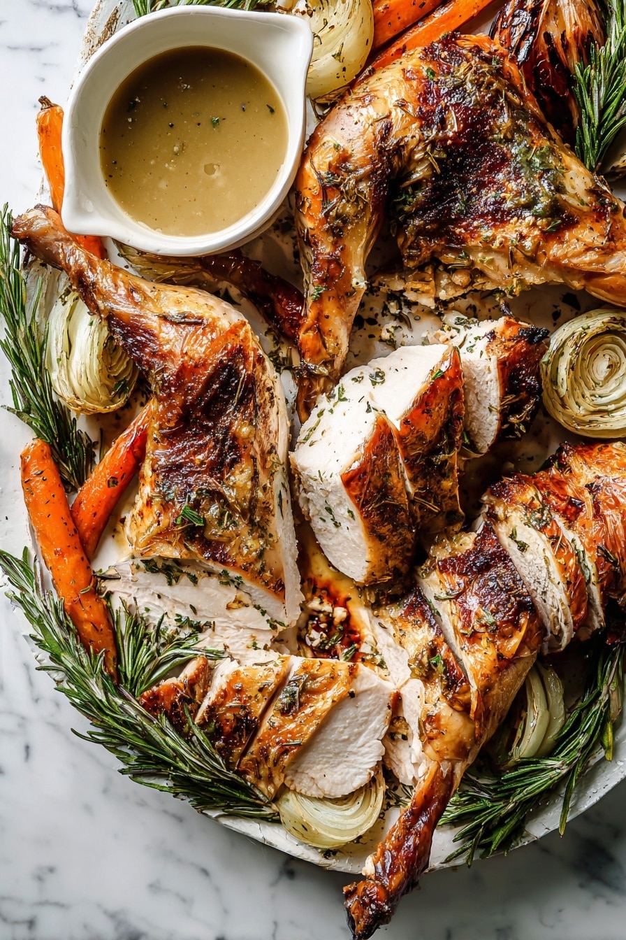 A roasted whole chicken is spread flat in a metal baking tray, showing three main parts: two browned, crispy legs on the left and right sides, and the breast in the center with a golden, slightly charred skin. Around the chicken, there are chunks of roasted vegetables including pale orange carrots, translucent roasted onion pieces, and celery with slightly browned edges, all sitting in a shallow pool of light brown roasted juices and oil that give a shiny glaze. Some herb sprinkles and black pepper dots cover the chicken’s surface, adding texture. The tray is set on a white marbled texture with some green rosemary sprigs placed nearby and a white cloth loosely scrunched on the upper right side. Photo taken with an iphone --ar 2:3 --v 7 - Spatchcock Turkey, how to spatchcock turkey, perfect roasted turkey, easy turkey recipe, juicy crispy turkey