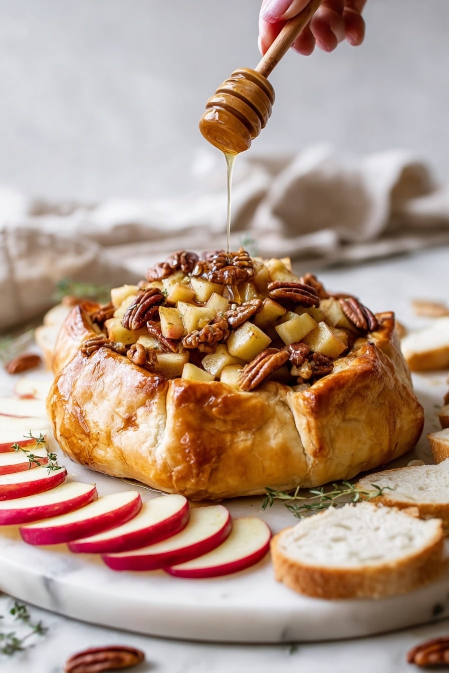 A golden brown baked pastry sits in the middle of a white marbled surface, shaped like a small round pie with folded edges. On top of the pastry is a pile of small diced cooked apples, cinnamon-spiced and soft, topped with a handful of pecans. A woman's hand is holding a honey dipper above, with honey slowly dripping onto the apples and pecans. Around the pastry, there are thin slices of red-skinned apples and several white bread slices, arranged casually on the white marbled surface. photo taken with an iphone --ar 2:3 --v 7 - Baked Brie En Croute with Caramelized Apples, Pecans, and Honey, baked brie appetizer, festive cheese appetizer, elegant baked brie, easy cheese appetizer