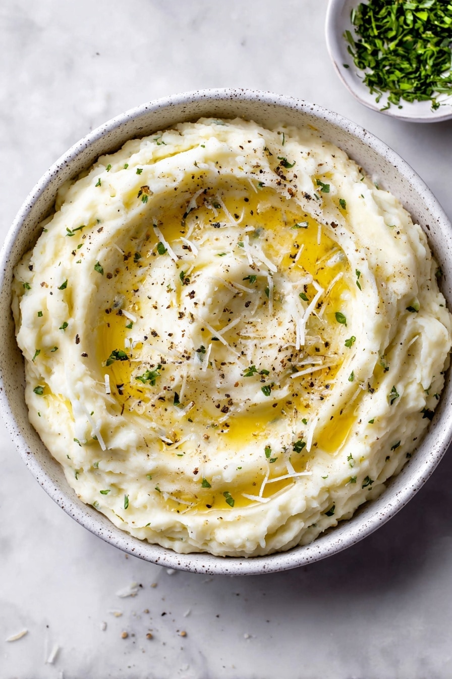 A white speckled bowl filled with creamy mashed potatoes, swirled smoothly with a shallow well in the center holding melted golden butter. The potatoes are soft and fluffy with tiny green chives and black pepper scattered on top, adding specks of green and dark contrast. A silver spoon rests inside the bowl on the left side, slightly digging into the mashed potatoes. The bowl is placed on a white marbled surface, with a small white bowl containing chopped chives visible blurred in the background. Photo taken with an iphone --ar 2:3 --v 7 - Instant Pot Mashed Potatoes with Greek Yogurt, Healthy Mashed Potatoes, Quick Mashed Potatoes, Creamy Mashed Potatoes with Parmesan, Easy Instant Pot Potato Recipe