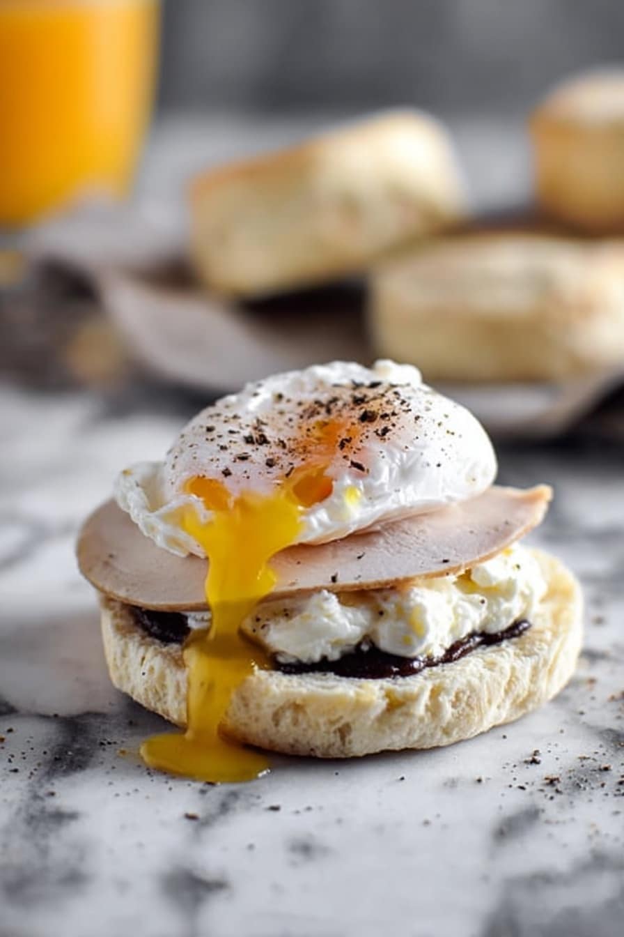 A close-up of a biscuit sandwich on a dark surface, showing three layers: the bottom layer is a pale, flaky biscuit with a soft texture; the middle layer is scrambled light yellow eggs with a creamy texture and some darker bits; the top layer is a poached white egg with soft, smooth whites and bright yellow yolk running down the side and dripping onto the dark surface. The biscuit top rests slightly behind the sandwich. photo taken with an iphone --ar 2:3 --v 7 - Thanksgiving Leftover Breakfast Sandwiches, Thanksgiving leftover breakfast ideas, easy leftover breakfast recipes, quick turkey breakfast sandwiches, holiday leftovers breakfast