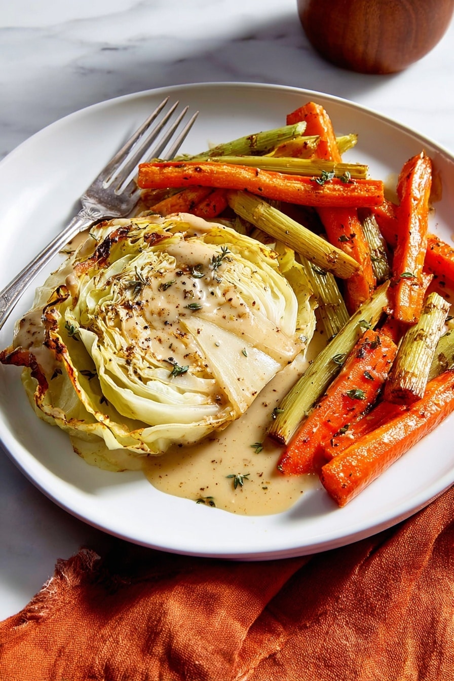 A white plate holds a thick round slice of cooked cabbage with light green and pale yellow layers, covered in light brown gravy with visible pepper flecks. Surrounding the cabbage are several large pieces of roasted orange carrots and light green celery stalks, all with a roasted texture and sprinkled with herbs. A fork with a wooden handle rests on the bottom left of the plate, touching the cabbage. The plate is set on a white marbled surface with soft shadows, with part of an orange cloth visible underneath the plate. Photo taken with an iphone --ar 2:3 --v 7 - Whole Roasted Cabbage with Herb Gravy, roasted cabbage recipe, vegetable roast with herb gravy, hearty vegetarian cabbage dish, easy cabbage roast recipe