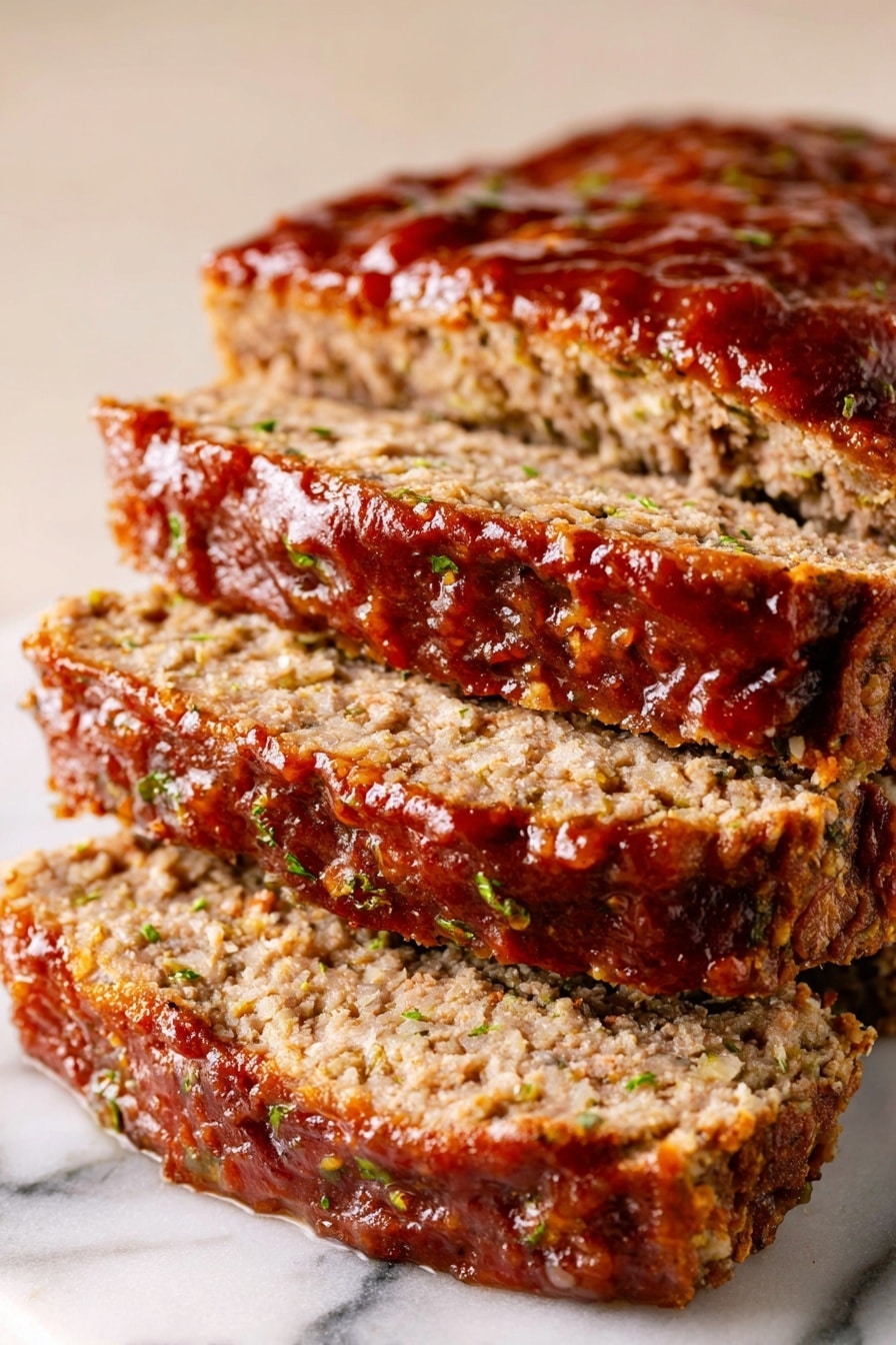 Two pieces of meatloaf sit in a dark pan with a white marbled texture background. Each piece has a thick layer of glossy, rich red sauce on top. One meatloaf is whole and the other is sliced into three thick slices, showing a light brown, slightly textured inside mixed with green herbs. A sprig of fresh parsley with bright green leaves lies near the bottom of the pan. The surface of the meatloaf looks moist and slightly crumbly. Photo taken with an iphone --ar 2:3 --v 7 - Air Fryer Turkey Meatloaf, turkey meatloaf with ketchup brown sugar glaze, healthy air fryer recipes, quick weeknight dinner ideas, easy turkey meatloaf