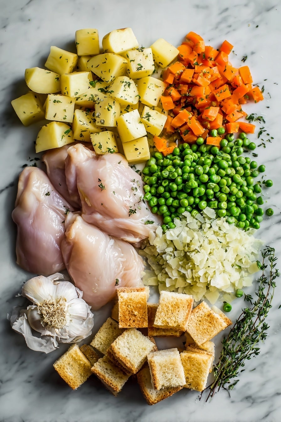 Flat lay of raw skinless boneless chicken breasts, cubed Yukon gold potatoes, chopped yellow onion, finely chopped carrots and celery, whole garlic cloves, fresh thyme sprigs, frozen green peas, thick slices of garlic bread cubes, and a small pile of grated Parmesan cheese, all beautifully arranged with fresh parsley leaves scattered artistically, placed on a white marble surface, photo taken with an iphone --ar 2:3 --v 7 - Garlic Bread-Topped Chicken Pot Pie, chicken pot pie with garlic bread topping, easy chicken pot pie recipe, comforting chicken pie, crispy garlic bread chicken pie