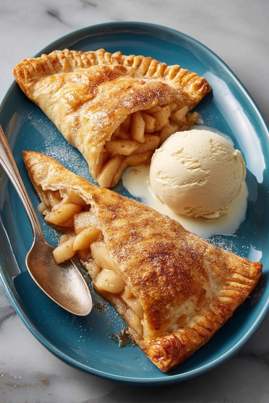 A blue oval plate holds two golden-brown folded turnovers with a slightly crispy and flaky texture, dusted lightly with cinnamon. The turnovers show warm, soft apple pieces mixed with cinnamon inside, with one cut open to reveal the filling. Next to them is a round scoop of vanilla ice cream, slightly melting and touching the turnovers. A metal spoon rests on the left side of the plate. The plate is set on a white marbled texture. photo taken with an iphone --ar 2:3 --v 7 - Apple Turnovers, apple turnovers recipe, homemade apple turnovers, easy apple turnovers, flaky apple turnovers