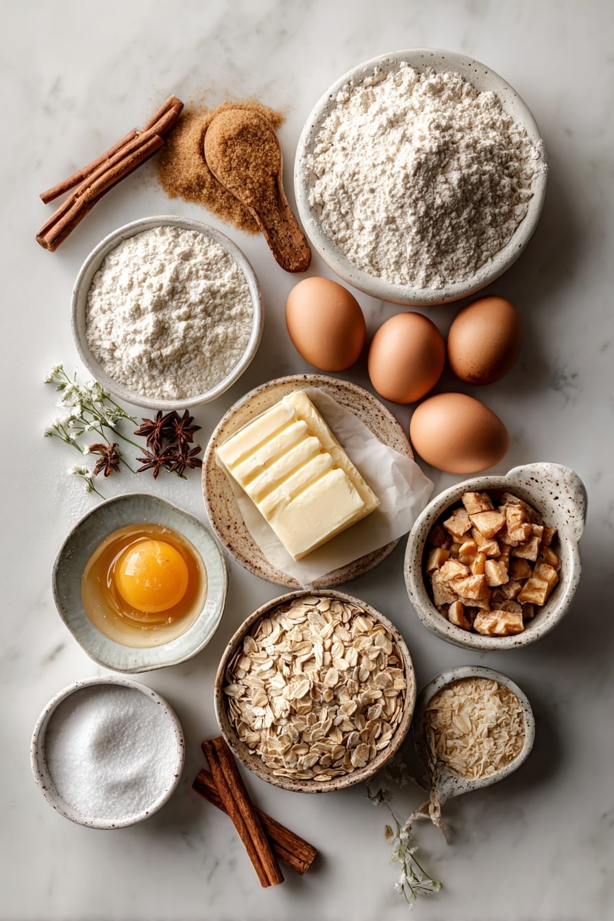 Flat lay of softened butter, packed brown sugar, white sugar, large brown eggs, vanilla beans, all-purpose flour, ground cinnamon sticks and powder, old-fashioned rolled oats, and chopped dried apple pieces, all beautifully arranged with natural light highlighting their textures and colors, placed on a white marble surface, photo taken with an iphone --ar 2:3 --v 7 - Apple Oatmeal Cookies, chewy oatmeal apple cookies, healthy apple cookies, fall cookie recipes, easy apple cookies