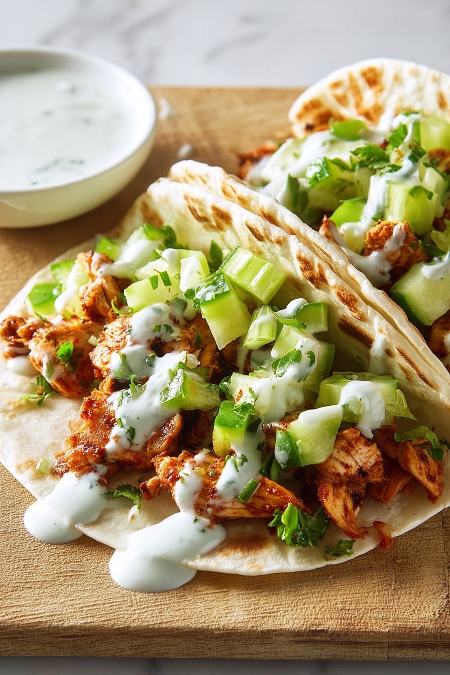Three soft tortillas are filled with layers of orange-brown seasoned chicken pieces at the bottom, topped with bright green diced cucumbers and jalapeños. White sauce is drizzled over the top layer, adding a creamy look. The tacos are placed side by side on light brown parchment paper inside a wooden tray. At the bottom left corner, there's a small white bowl filled with white sauce, and near the bottom right corner, there are wedge slices of lime. The background surface is a white marbled texture. photo taken with an iphone --ar 2:3 --v 7 - Jackfruit Tacos with Green Apple Salsa, plant-based tacos, vegan taco recipes, healthy vegetarian tacos, fresh fruit salsa recipes