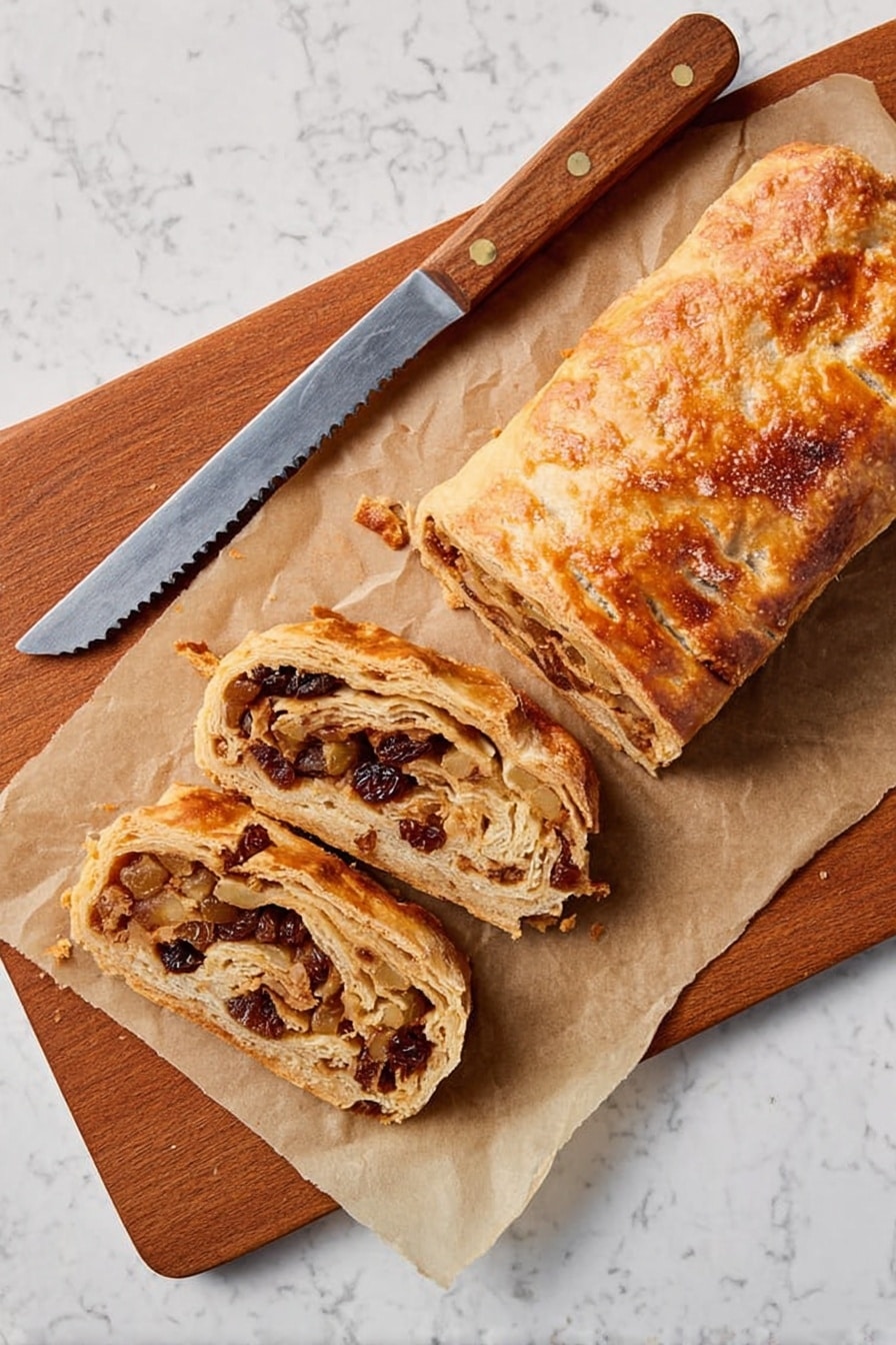 The image shows a sliced pastry loaf placed on parchment paper on a wooden cutting board. The pastry is golden brown and flaky, with two thick slices cut from the whole loaf. One piece is turned to show the inside layers, revealing a filling made of small diced fruits and dark raisins mixed together. A serrated knife with a wooden handle rests above the pastry on the paper. The scene is set against a white marbled background. photo taken with an iphone --ar 2:3 --v 7 - Apple Strudel with Cinnamon and Raisins, apple cinnamon pastries, homemade apple strudel, easy apple dessert, traditional apple strudel recipe