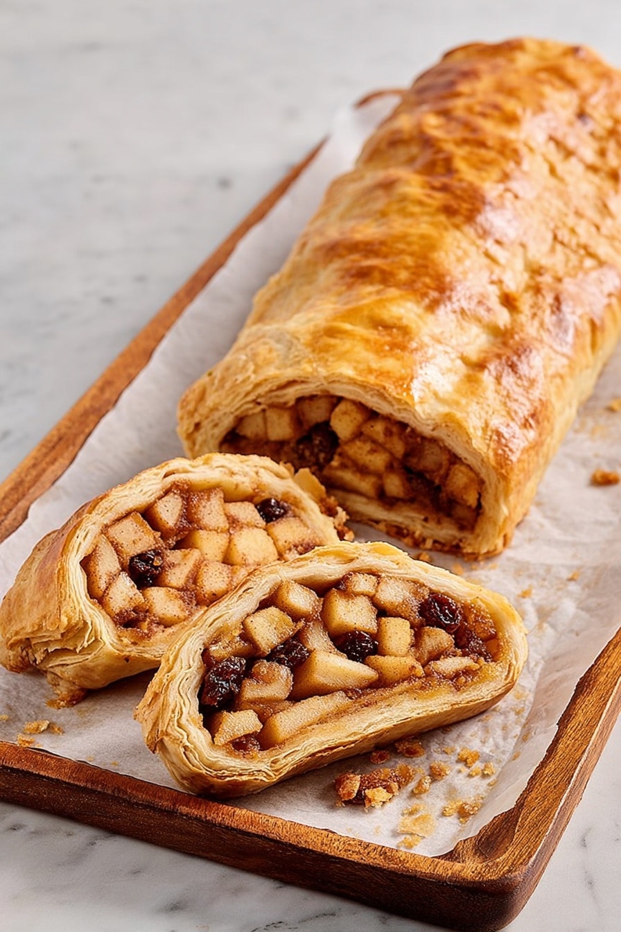 A golden-brown pastry roll, with a shiny, slightly cracked crust, sits on a wooden tray lined with white parchment paper on a white marbled surface. The roll is sliced into several pieces, revealing three layers inside: a flaky outer crust, a middle layer of diced light brown apple pieces mixed with dark raisins, and a cinnamon-spiced filling that glistens slightly. The inside layers show a soft and moist texture with visible fruit pieces nestled in the cinnamon mixture. Crumbs scatter lightly around the slices. Photo taken with an iphone --ar 2:3 --v 7 - Apple Strudel with Cinnamon and Raisins, apple cinnamon pastries, homemade apple strudel, easy apple dessert, traditional apple strudel recipe
