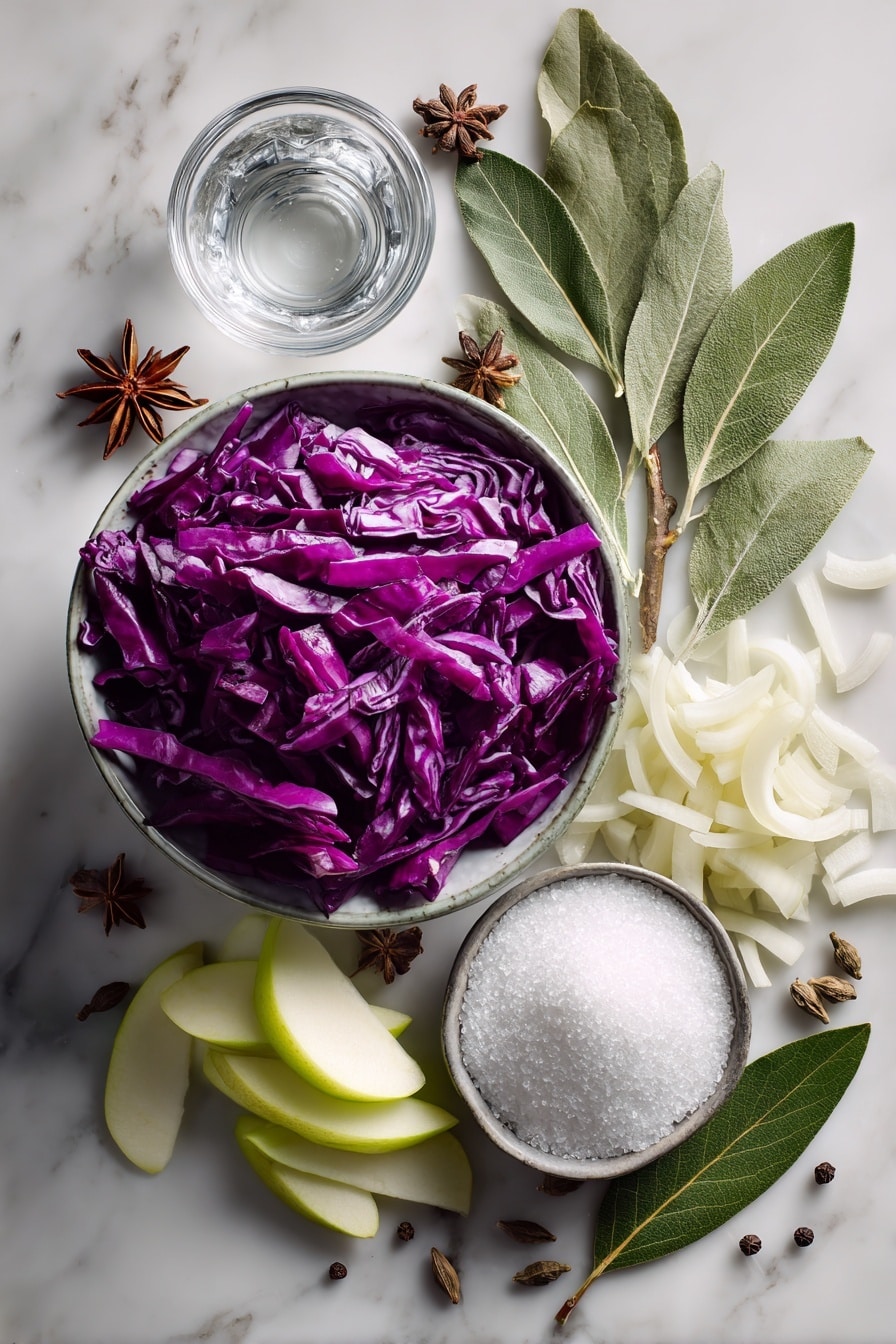 Flat lay of shredded deep purple red cabbage, thinly sliced pale green apple wedges, translucent sliced yellow onion halves, mounded white granulated sugar, small glass bowl of clear white vinegar, whole star anise pods, scattered caraway seeds, fresh bay leaves placed on a white marble surface, photo taken with an iphone --ar 2:3 --v 7 - German Red Cabbage, German Red Cabbage Side Dish, traditional German red cabbage, easy red cabbage recipe, holiday red cabbage