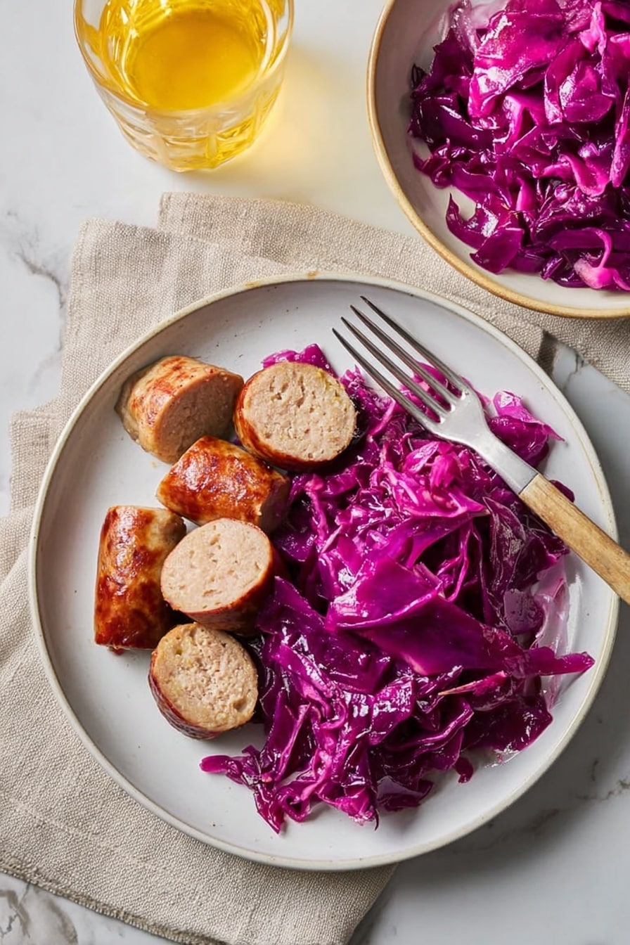 A large, oval, light gray dish filled with a big layer of bright purple cooked cabbage, with thin shredded pieces and a shiny, soft texture. A silver spoon rests in the cabbage near the center top of the dish. Nearby, a small white plate holds a small serving of the same purple cabbage and three pieces of cooked sausage with a light brown, smooth surface. Around the main dish, there is a glass jar with a yellow mustard sauce and a spoon inside it on the left, and a glass of light amber beer on the right. All of this is set on a white marbled surface with some fabric underneath. photo taken with an iphone --ar 2:3 --v 7 - German Red Cabbage, German Red Cabbage Side Dish, traditional German red cabbage, easy red cabbage recipe, holiday red cabbage