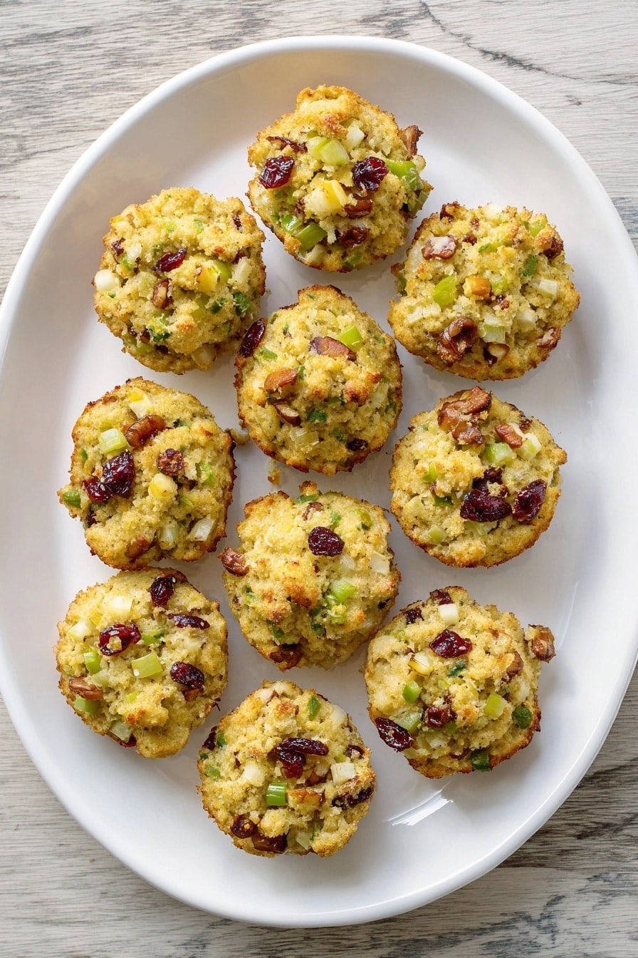 A single muffin-shaped savory stuffing sits on a plain white plate with a thin grey edge. The muffin has a rough texture with visible chunks of golden yellow cornbread and small pieces of green celery scattered throughout. Bits of dark red cranberries and small brown sausage pieces are mixed evenly around, giving a colorful and rich look. The plate is placed on a wooden table, but the background below the plate seen is changed into white marbled texture. Another identical muffin on a similar plate is blurred in the background. The lighting is natural and soft, highlighting the texture and colors clearly. photo taken with an iphone --ar 2:3 --v 7 - Stuffing Muffins, Stuffing Muffins Recipe, savory stuffing muffins, festive stuffing muffins, holiday stuffing muffins