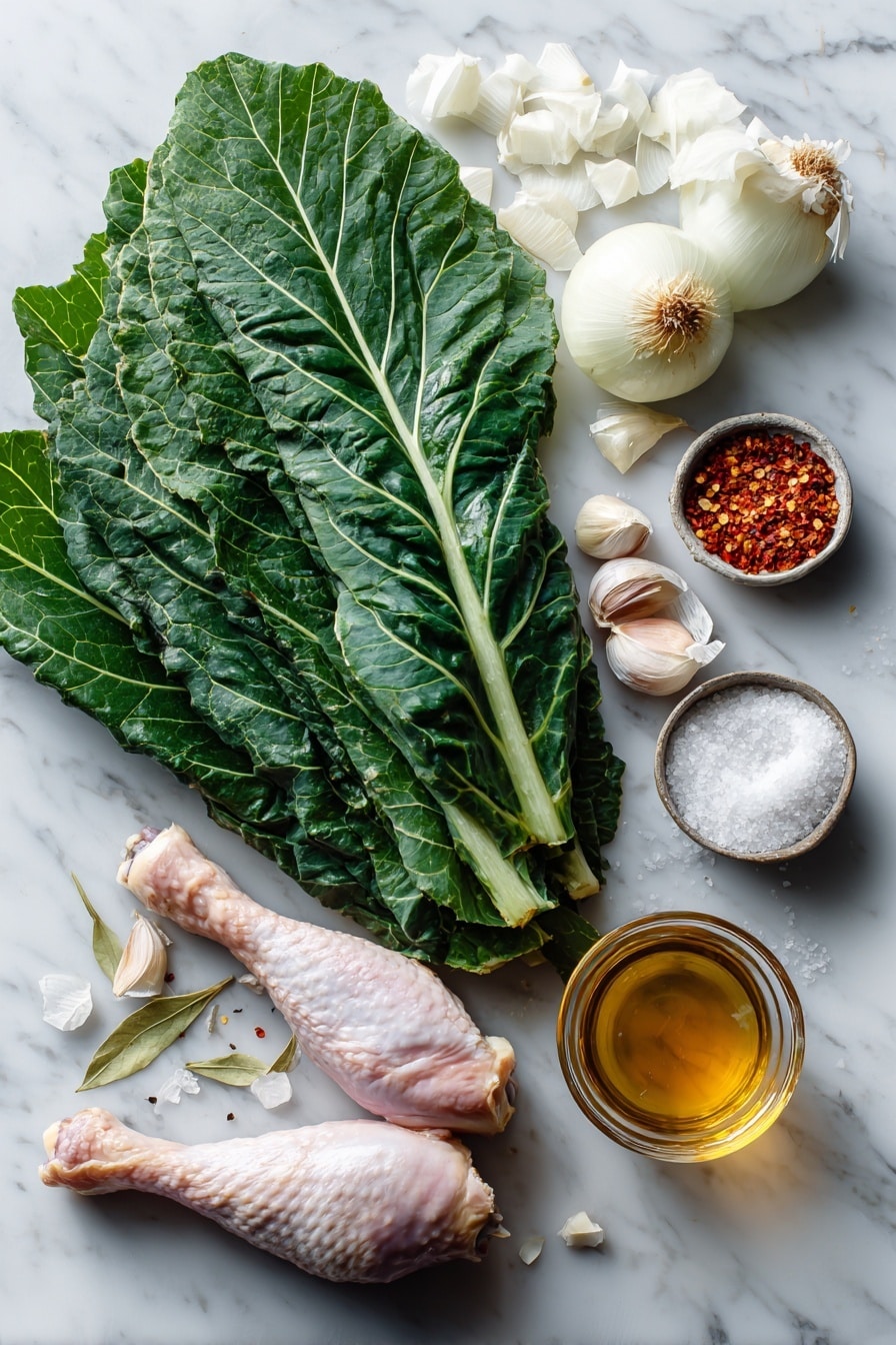 Flat lay of fresh deep green collard greens leaves neatly stacked and rolled, whole smoked turkey wings with a rich, dark smoked skin, a large white onion peeled and chopped into chunky pieces, several garlic cloves peeled and sliced, small piles of granulated sugar crystals, a scattering of crushed red pepper flakes, a heap of seasoned salt, and a small glass of golden apple cider vinegar, all beautifully arranged on a white marble surface, photo taken with an iphone --ar 2:3 --v 7 - Slow Cooker Collard Greens with Smoked Turkey, collard greens with smoked turkey, hearty collard greens recipe, slow cooker greens, Southern collard greens cooking
