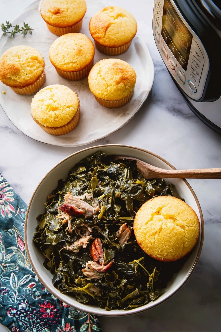 A bowl filled with dark green cooked leafy greens mixed with pieces of brown meat sits on a light wooden surface with a white marbled texture. On the edge of the bowl, a golden yellow cornbread muffin rests. Nearby, a woman's hand is reaching for one of six golden yellow cornbread muffins arranged on a white plate. To the left of the bowl, part of a silver slow cooker with black trim is visible, filled with more cooked greens and meat. A dark blue cloth with colorful floral embroidery is placed under the plate, and a bottle of red hot sauce is in the lower right corner. Photo taken with an iphone --ar 2:3 --v 7 - Slow Cooker Collard Greens with Smoked Turkey, collard greens with smoked turkey, hearty collard greens recipe, slow cooker greens, Southern collard greens cooking