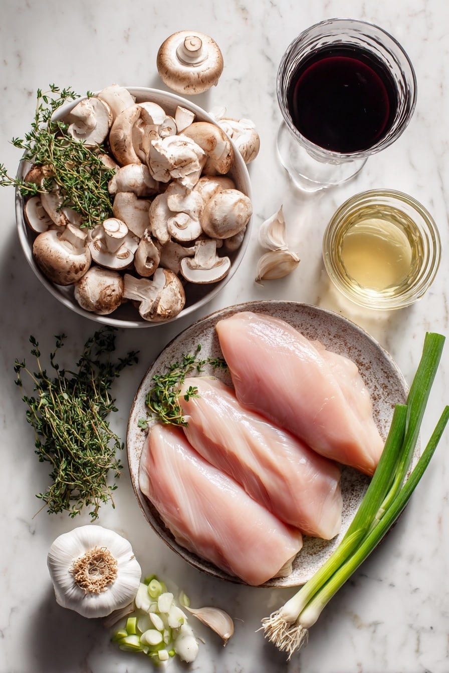 Flat lay of raw turkey breast pieces, sliced cremini mushrooms, fresh thyme sprigs, green onion slices, peeled garlic cloves, a small glass of rich Marsala wine, a splash of heavy cream in a clear container, and a small bowl of chicken stock, all beautifully arranged on a white marble surface, photo taken with an iphone --ar 2:3 --v 7 - Slow Cooker Turkey Marsala, Turkey Marsala recipe, easy turkey Marsala, slow cooker poultry dishes, elegant turkey dinner