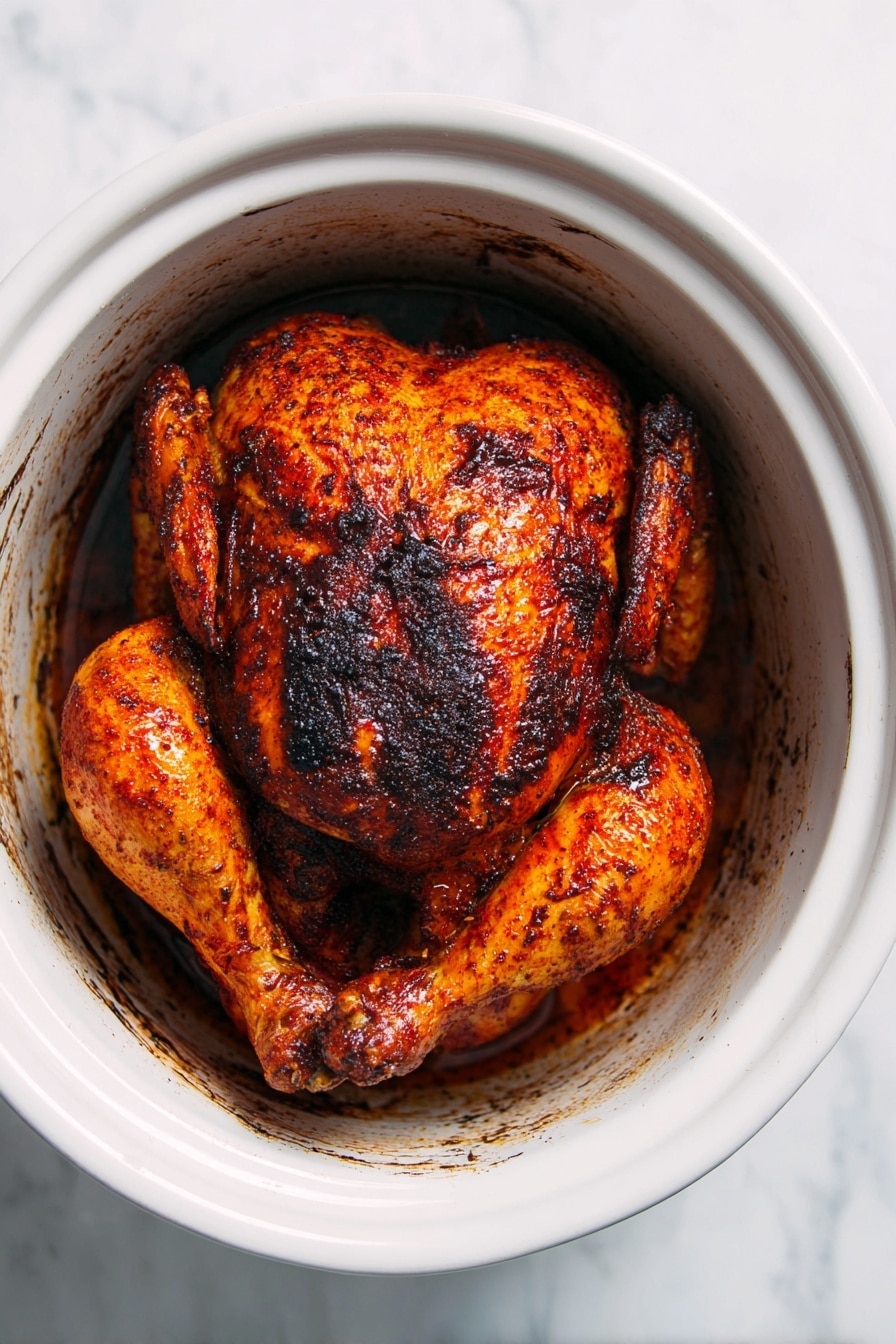 A whole roasted chicken with a shiny, golden-brown skin resting on a bed of fresh green herbs, placed on a white plate. The chicken has a slightly crispy texture with darkened spots showing where it was cooked more. The herbs add a fresh green contrast under the chicken, and the background is a white marbled texture with a red and white striped cloth blurred in the back. photo taken with an iphone --ar 2:3 --v 7 - Crock-Pot Whole Chicken with a Brown Sugar and Spice Rub, slow cooker whole chicken recipe, easy roasted chicken with spices, flavorful slow cooker chicken, simple baked chicken dinner