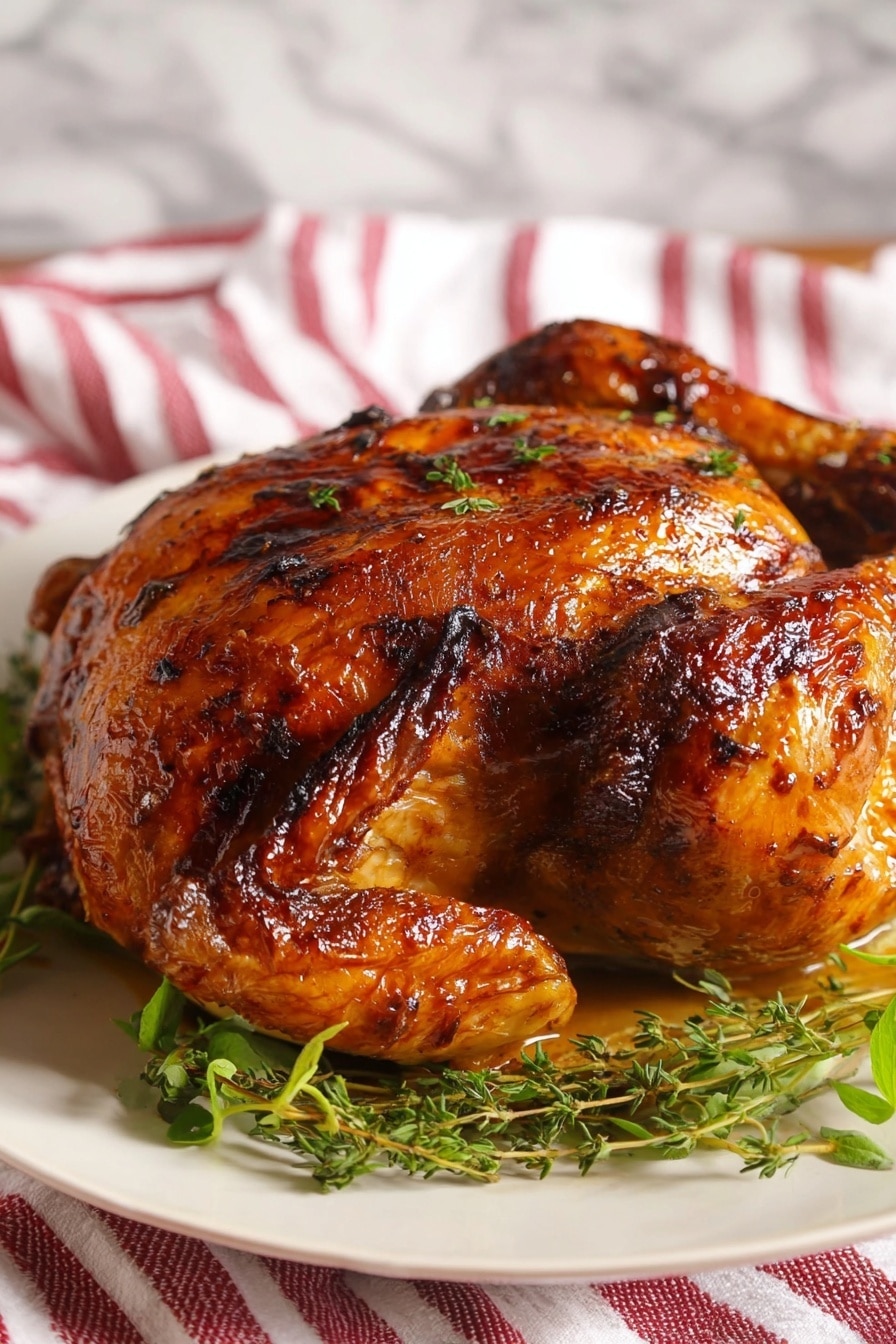 A whole roasted chicken with a shiny brown, slightly charred skin sits in the center of a white plate. The chicken is placed on a bed of fresh green herb sprigs, adding a touch of color around its base. The plate rests on a white marbled surface with a soft focus on a red and white striped cloth in the background. The chicken looks juicy and well-cooked, showing a smooth, crispy texture on its outer layer. photo taken with an iphone --ar 2:3 --v 7 - Crock-Pot Whole Chicken with a Brown Sugar and Spice Rub, slow cooker whole chicken recipe, easy roasted chicken with spices, flavorful slow cooker chicken, simple baked chicken dinner