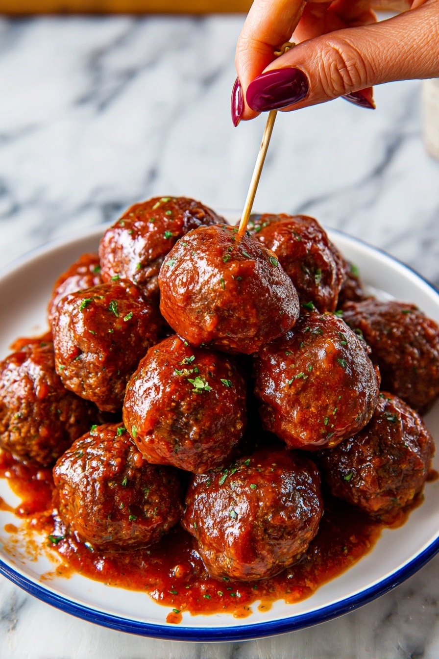 A white plate with a blue edge is filled with a layer of round meatballs, all covered evenly in a shiny, thick brown sauce. The meatballs have a slightly rough texture visible through the sauce, showing small bits and a moist surface. The meatballs are stacked close together, topping each other slightly, creating a sense of fullness on the plate. The background shows a white marbled texture beneath the plate. photo taken with an iphone --ar 2:3 --v 7 - Slow-Cooker Grape Jelly Meatballs, party appetizer with grape jelly and meatballs, easy slow cooker meatballs recipe, sweet and tangy meatball appetizer, crowd-pleasing party meatballs