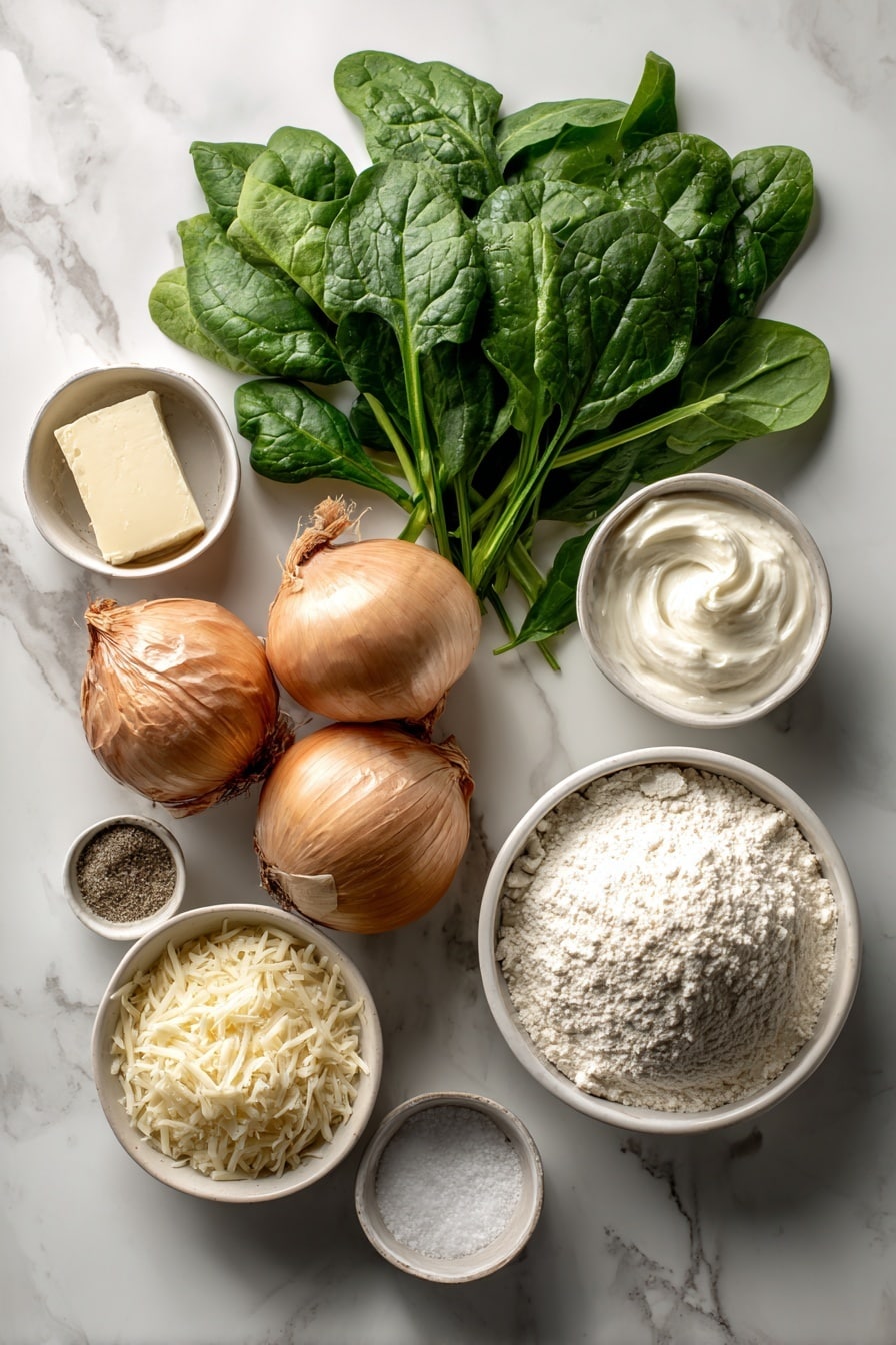 Flat lay of fresh vibrant spinach leaves neatly piled, a small solid pat of creamy butter, two whole brown onions with papery skins, a small mound of white all-purpose flour, a small white bowl of coarse white salt, a small white bowl of ground white pepper, a small white bowl filled with whole milk, a small white bowl of thick heavy whipping cream, a small heap of finely grated pale yellow Parmesan cheese arranged artfully, all placed on a clean white marble surface, soft natural light, photo taken with an iPhone, professional food photography style, fresh ingredients, white ceramic bowls, no bottles, no duplicates, no utensils, no packaging --ar 2:3 --v 7 - Creamed Spinach, creamy spinach side dish, healthy creamed spinach, easy spinach recipes, velvety spinach side