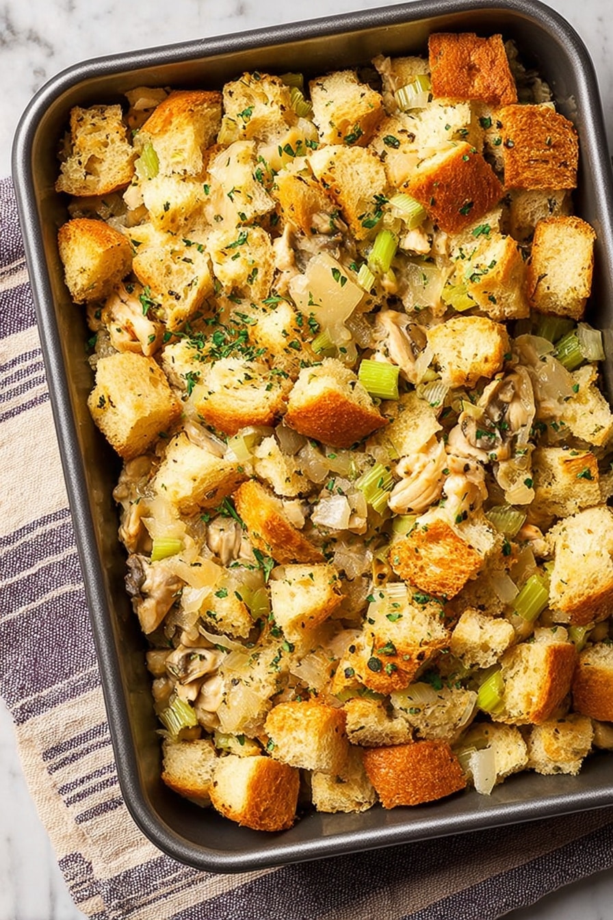 The image shows a close-up of a baking tray filled with a dish made of three visible layers: the bottom layer consists of cooked onions and celery pieces that are soft and glossy; the middle layer is made of light brown, tender cooked mushrooms scattered evenly; the top layer has golden toasted bread cubes with a rough texture, some edges are browned, and sprinkled with green herbs, giving a textured, colorful look. The baking tray sits on a white marbled surface partly covered by a cloth with purple and beige stripes. Photo taken with an iphone --ar 2:3 --v 7 - Oyster Dressing, Oyster Dressing Recipe, Holiday Side Dishes, Classic Dressing with Oysters, Seafood Holiday Side