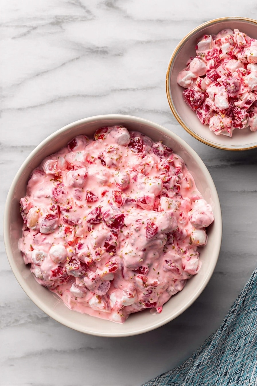 A bowl with a white marbled surface holds a blue bowl filled with a creamy pink salad. The salad has three layers: the base shows small chunks of light orange fruit, the middle layer is mixed with bigger pieces of red berries, and the top is covered in a smooth, thick pink creamy dressing that holds everything together. A thin golden spoon leans inside the bowl on the right side. The background has two other blue bowls also filled with the same pink salad, slightly out of focus. photo taken with an iphone --ar 2:3 --v 7 - Cranberry Fluff, Cranberry Fluff Dessert, Easy Cranberry Fluff, Holiday Cranberry Fluff, Creamy Fruit Fluff
