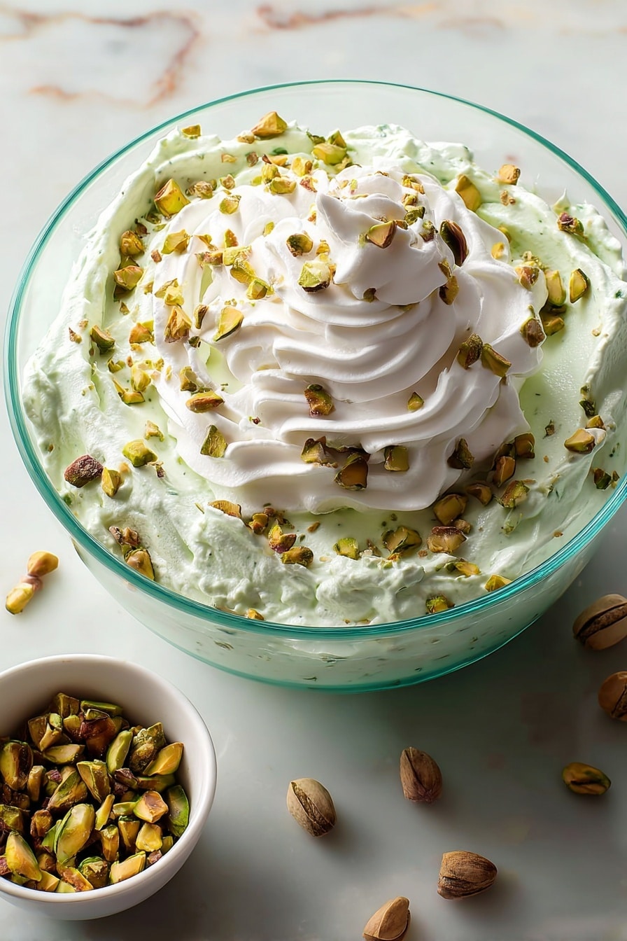 Three clear glass cups filled with fluffy, light green whipped dessert. Each cup is topped with a dollop of white whipped cream. The whipped cream is sprinkled with small bits of green and brown chopped pistachio nuts. A woman's hand is seen placing nuts on the whipped cream of the closest cup. The cups are placed on a white marbled surface with a dark background behind them. Photo taken with an iphone --ar 2:3 --v 7 - Pistachio Salad Delicious Easy Light Bright Sweet No-bake