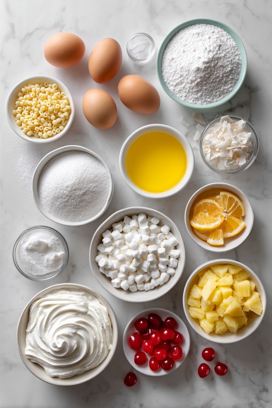 Flat lay of a small white ceramic bowl of granulated sugar, a small white ceramic bowl of all-purpose flour, a small white ceramic bowl of salt crystals, a small white ceramic bowl of bright yellow pineapple juice, two whole uncracked large brown eggs, a small white ceramic bowl of fresh lemon juice, a large white ceramic bowl filled with uncooked acini di pepe pasta pearls, a large white ceramic bowl of peeled mandarin orange segments, a large white ceramic bowl of golden pineapple chunks, a large white ceramic bowl of crushed pineapple with juice removed, a small white ceramic bowl of miniature white marshmallows, a small white ceramic bowl of sweetened shredded coconut, a large white ceramic bowl of fluffy whipped topping with soft peaks, and a few glossy red maraschino cherries arranged symmetrically, all ingredients fresh and natural, placed on a clean white marble surface, soft natural light, photo taken with an iPhone, professional food photography style, fresh ingredients, white ceramic bowls, no bottles, no duplicates, no utensils, no packaging --ar 2:3 --v 7 - Frog Eye Salad, Frog Eye Salad recipe, fruit and pasta salad, party potluck salad, creamy fruit salad