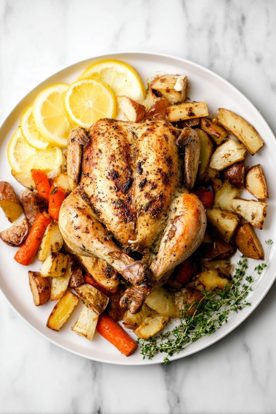 A golden brown roasted whole chicken sits in the center of a black pan on a white marbled surface. The chicken is on a metal rack and is seasoned with black pepper and herbs. Around the chicken, there are several roasted vegetable pieces, including chunks of light beige potatoes and thick slices of orange carrots, all slightly browned. The chicken’s skin looks crisp with a mix of smooth and textured areas from roasting. Photo taken with an iphone --ar 2:3 --v 7 - Greek Lemon Garlic Whole Roast Chicken, Greek Lemon Garlic Chicken, Juicy roast chicken with lemon and garlic, Easy Greek-style roast chicken, Perfect crispy roast chicken