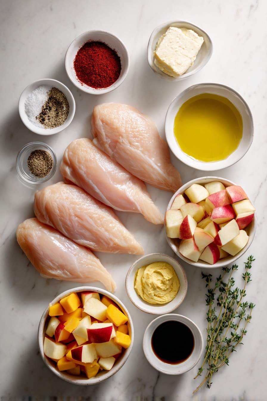 Flat lay of five raw boneless chicken breasts with skin on arranged neatly, a small white bowl of golden olive oil, a small white bowl filled with bright red paprika powder, a small white bowl of coarse white salt, a small white bowl of cracked black pepper, a small white bowl containing pale golden apple cider, a small white bowl of soft yellow butter, a small white bowl of smooth yellow mustard, a small white bowl of dark brown sugar, a small white bowl of glossy dark soy sauce, fresh diced butternut squash cubes, crisp apple slices with red and yellow skin, and a small bunch of green fresh thyme sprigs all symmetrically placed on a clean white marble surface, soft natural light, photo taken with an iPhone, professional food photography style, fresh ingredients, white ceramic bowls, no bottles, no duplicates, no utensils, no packaging --ar 2:3 --v 7 - Apple Cider Chicken with Butternut Squash, fall chicken dinner, cozy autumn recipes, healthy chicken recipes, seasonal fall meal