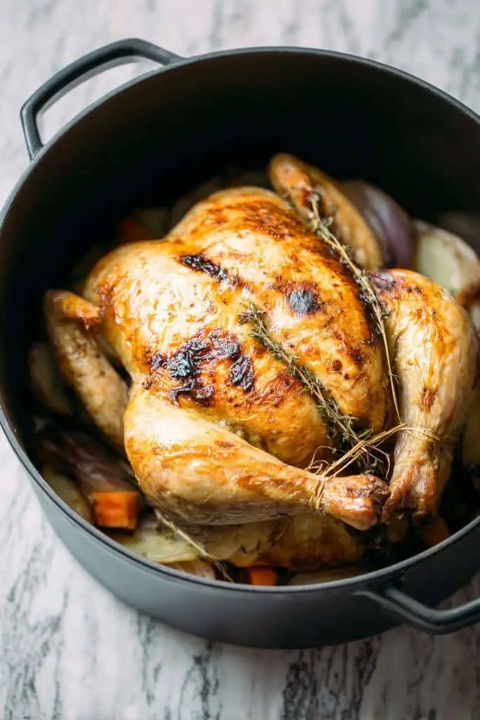 Dutch Oven Whole Roast Chicken with Roasted Vegetables and Crispy Skin Recipe