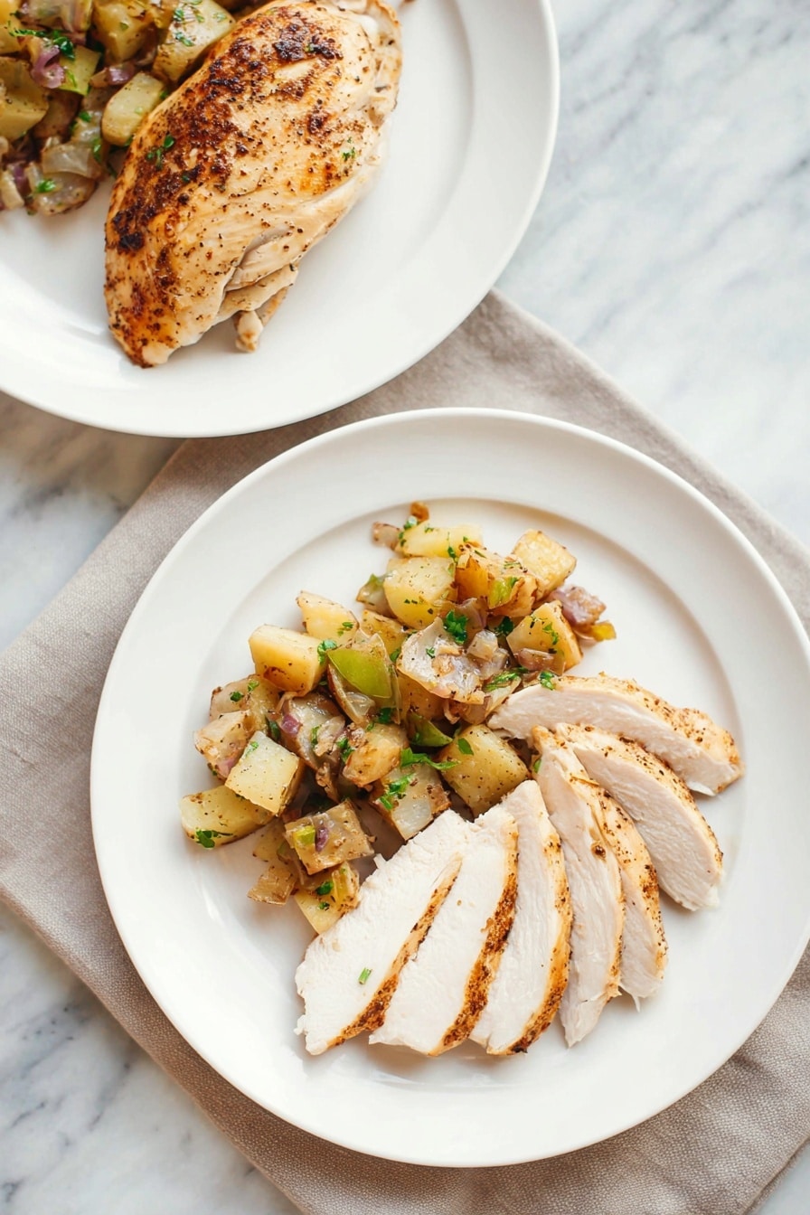 A whole roasted chicken with shiny golden and brown skin tied with string sits in the center of a black cast iron pot. Below the chicken, there is a layer of cooked, soft white potatoes and purple onions, showing a mix of light yellow, white, and deep purple colors with a slightly glazed texture. The pot is placed on a white marbled surface with a cream-colored cloth partly seen on the side. The photo is clear and taken from above, showing the rich colors and textures of the roast and vegetables photo taken with an iphone --ar 2:3 --v 7 - Dutch Oven Whole Roast Chicken with Roasted Vegetables and Crispy Skin, roasted chicken, one-pot chicken dinner, crispy skin roast chicken, easy whole chicken recipe