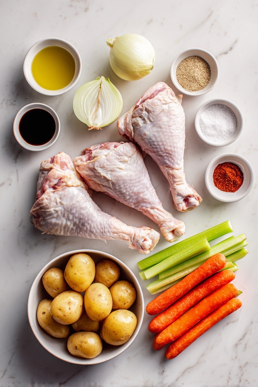 Flat lay of two raw turkey legs with thighs, bone-in and skin-on, with visible texture and fresh pinkish skin; a small white bowl of golden vegetable oil; a small white bowl of light brown granulated brown sugar; a small white bowl of dark glossy balsamic vinegar; a small white bowl of deep reddish paprika powder; a small white bowl of coarse white salt crystals; a small white bowl of ground black pepper; half a medium yellow onion, cut into clean half-inch wide slices showing layers; two to three fresh orange carrots sliced into half-inch pieces; a small white bowl filled with fresh green celery slices; ten small baby potatoes, naturally halved with creamy white flesh and light brown skin, all arranged in perfect symmetry and balanced proportions, placed on a clean white marble surface, soft natural light, photo taken with an iPhone, professional food photography style, fresh ingredients, white ceramic bowls, no bottles, no duplicates, no utensils, no packaging --ar 2:3 --v 7 - Roasted Turkey Legs with Vegetables, Turkey legs recipe, roasted turkey meal, easy turkey dinner, hearty vegetable roast