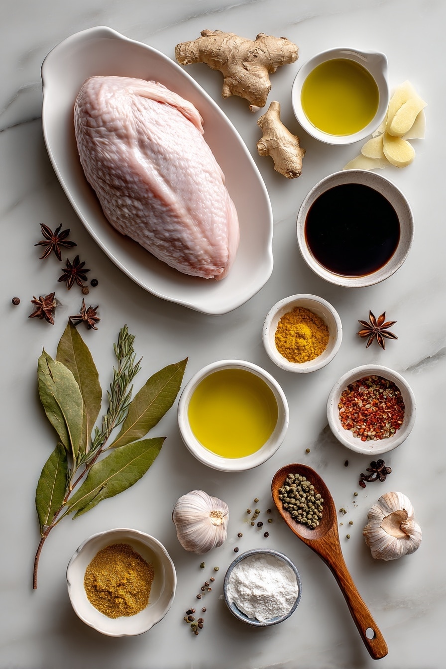 Flat lay of a whole boneless turkey breast with skin-on, a few whole brown garlic cloves, a small pile of thinly sliced fresh ginger, five fresh green bay leaves, a small stick of cinnamon, a teaspoon of cumin seeds, a teaspoon of bright yellow curry powder, a teaspoon of reddish-brown Sichuan peppercorns, four whole star anise pods, a small white ceramic bowl of dark soy sauce, a small white ceramic bowl of golden brown sugar, a small white ceramic bowl of olive oil, a small white ceramic bowl of salt, a small white ceramic bowl of ground black pepper, a small white ceramic bowl of water, and a small white ceramic bowl with white cornstarch powder, all arranged symmetrically and balanced, placed on a clean white marble surface, soft natural light, photo taken with an iPhone, professional food photography style, fresh ingredients, white ceramic bowls, no bottles, no duplicates, no utensils, no packaging --ar 2:3 --v 7 - Soy Glazed Braised Turkey Breast with Five-Spice, turkey breast recipes, savory glazed turkey, five-spice turkey, braised turkey dishes