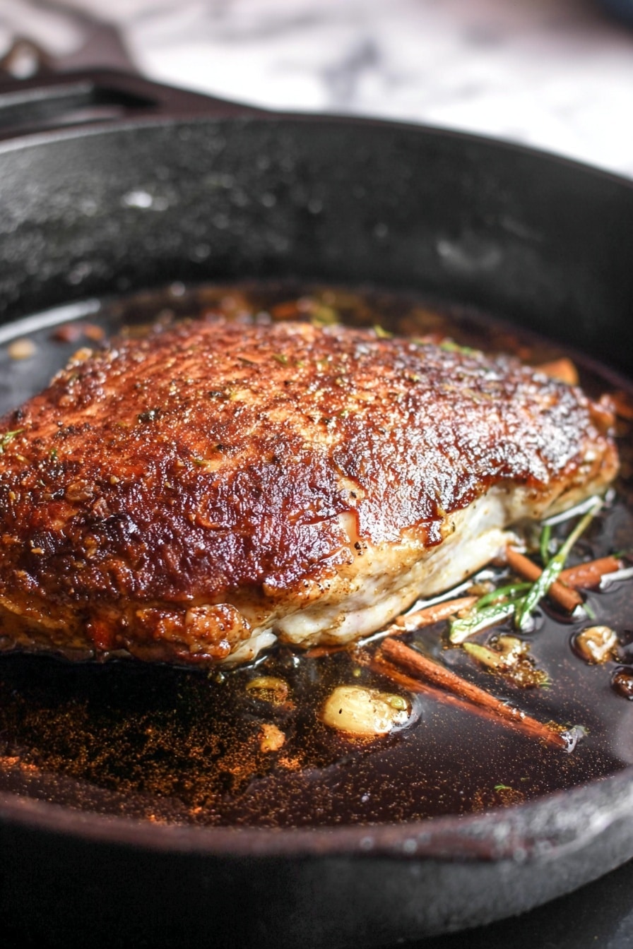 A white plate holds two main layers of food: on the left side, there is a large piece of roasted chicken with crisp, golden-brown skin showing a textured, slightly shiny surface; on the right side, a mix of stuffing with light brown bread cubes dotted with small dark spots, pieces of pale green celery, and bits of reddish cranberry, all forming a loose, chunky pile; in the background, there is a clear glass bowl with more stuffing and a white cup filled with dark brown gravy on a white marbled surface. photo taken with an iphone --ar 2:3 --v 7 - Soy Glazed Braised Turkey Breast with Five-Spice, turkey breast recipes, savory glazed turkey, five-spice turkey, braised turkey dishes